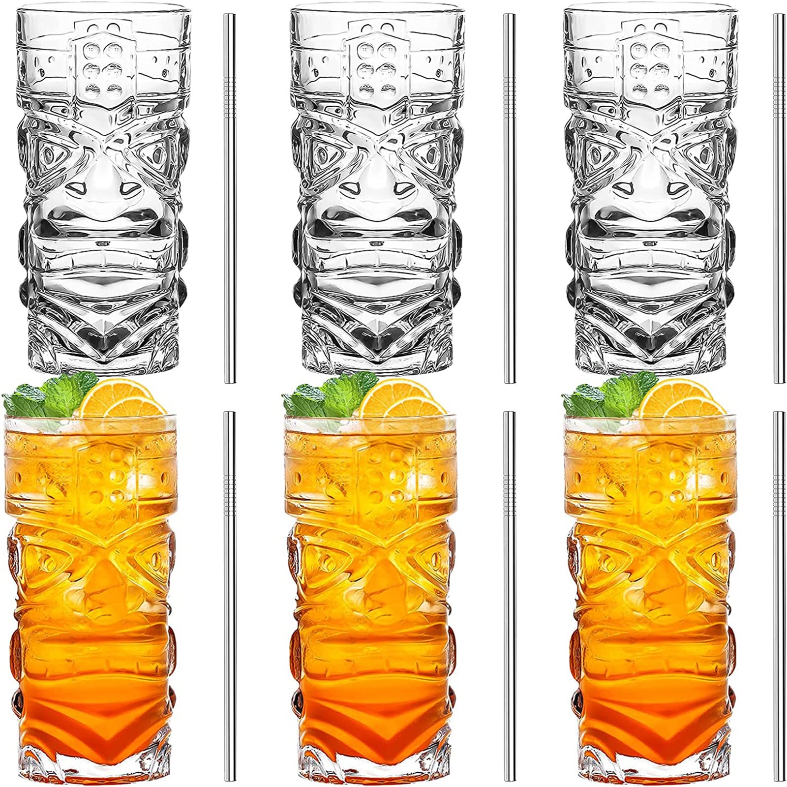 jaffust Clear Tiki Glasses 6 - Modern Bar Tiki Cocktail glasses perfect for exotic cocktails, Hawaiian style cocktails, tropical island drink set and 6 straws