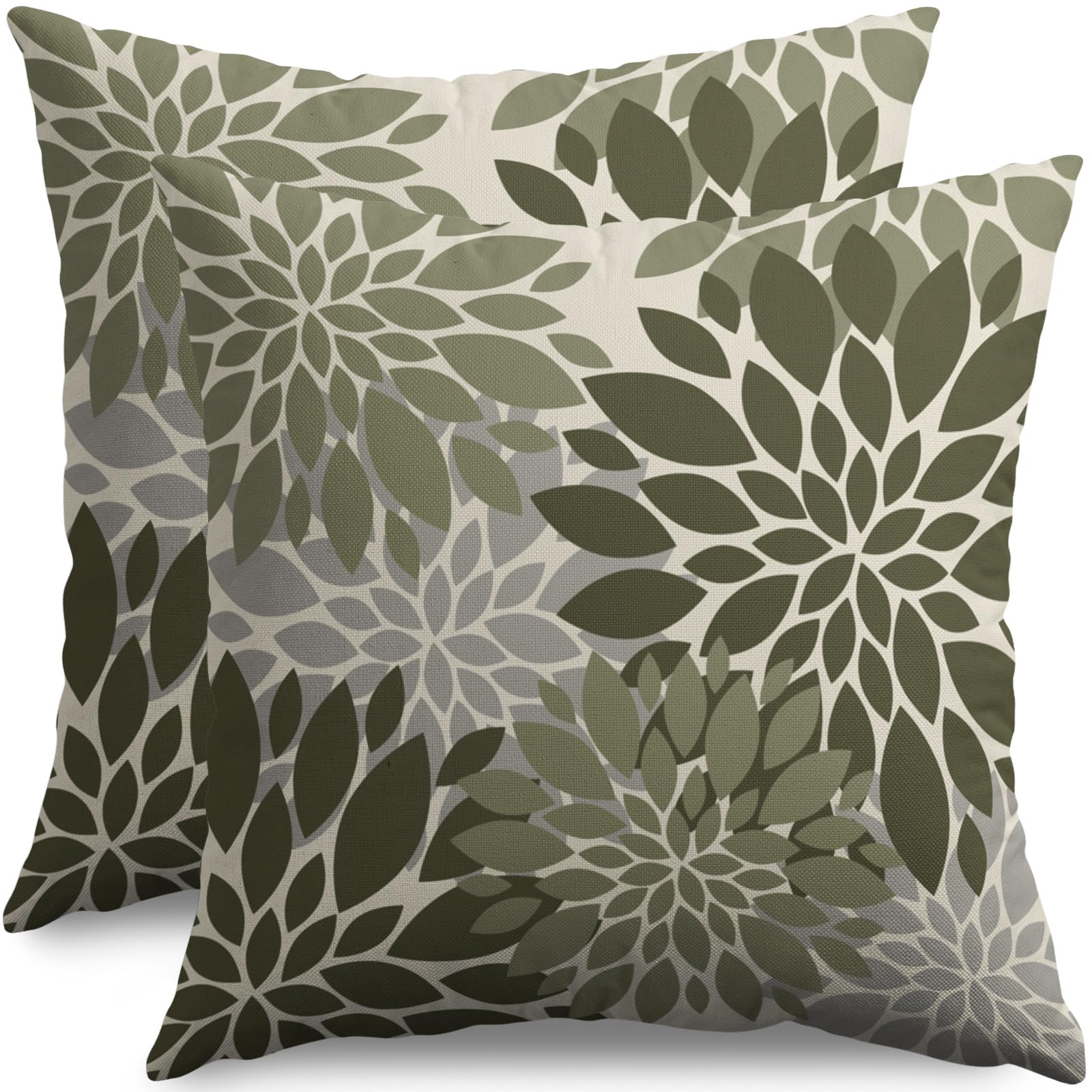 Olive Green Grey Gray Pillow Covers 18X18 Inch Set of 2, Dahlia Flower Spring Summer Floral Cream Decorative Throw Pillow Covers Outdoor Modern Farmhouse Cushion Case for Home Couch Sofa Bed Decor — image 1