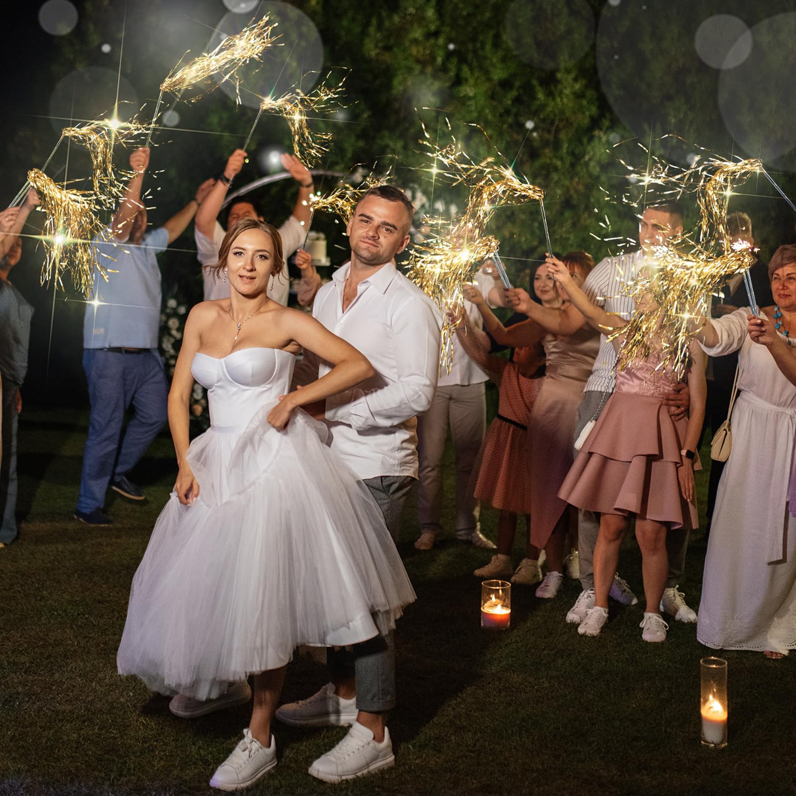 Simgoing 48 varitas de hadas iluminadas para boda, palitos de oropel de aluminio con luz LED, que brillan en la oscuridad, varitas intermitentes para fiestas de cumpleaños (dorado)