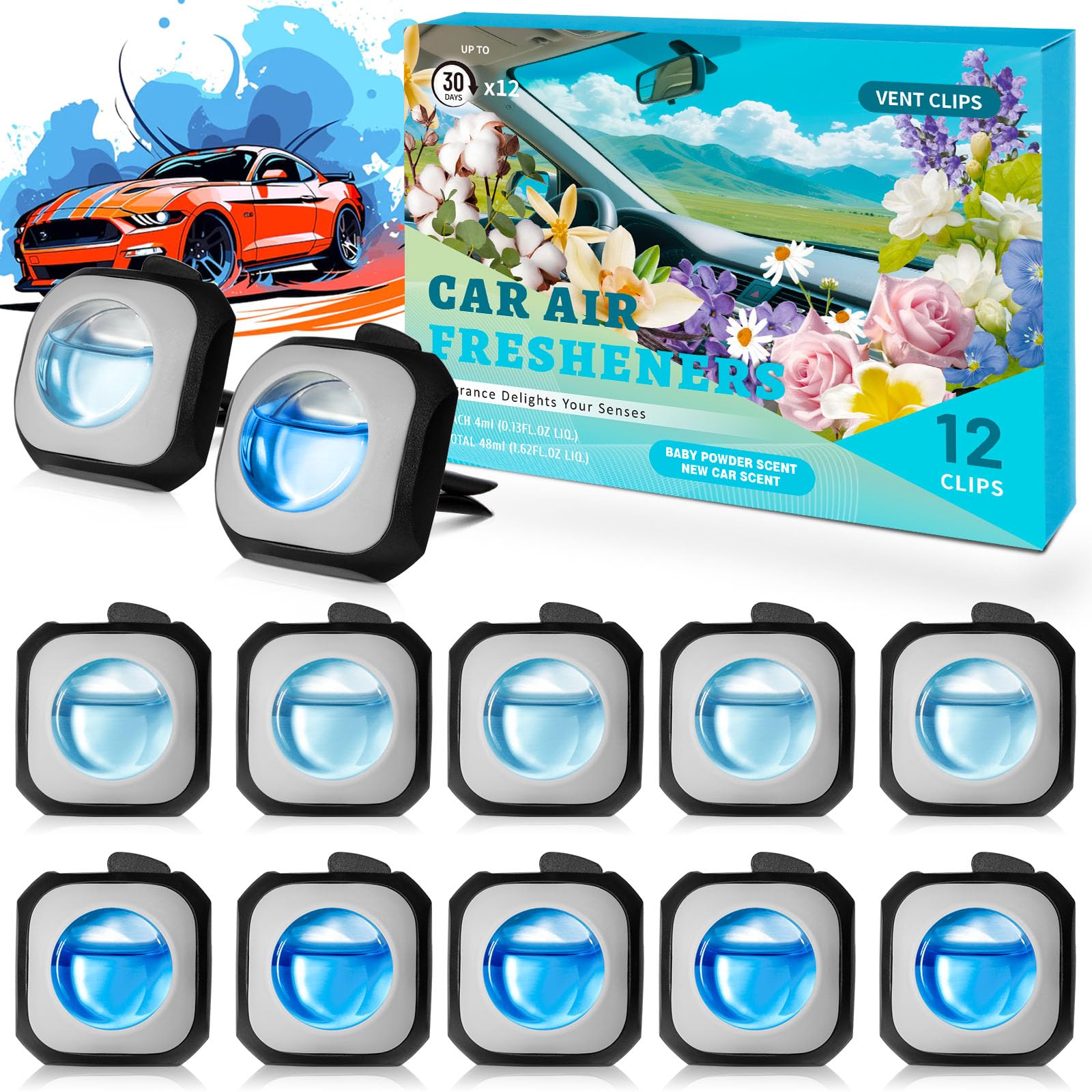 Car Ambientador Coche, Aroma para Coches Nuevos y Talco para Bebés Clips para Ambientadores de Coche, Elimina y Previene los Malos Olores de tu Coche, Pack 12 Unidades 4 ml