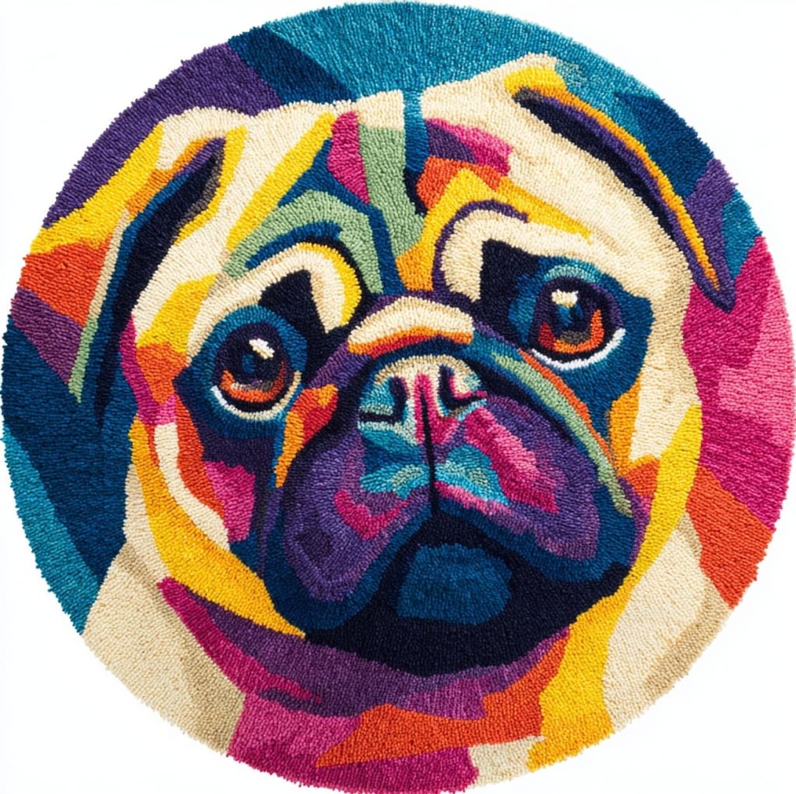 WallustrioaW Latch Hook Rug Kit,Colorful Pug,Pre-Printed Pattern Canvas Tapestry Embroidery Adults Handicrafts DIY Craft Cross Stitch Kits,50x50cm