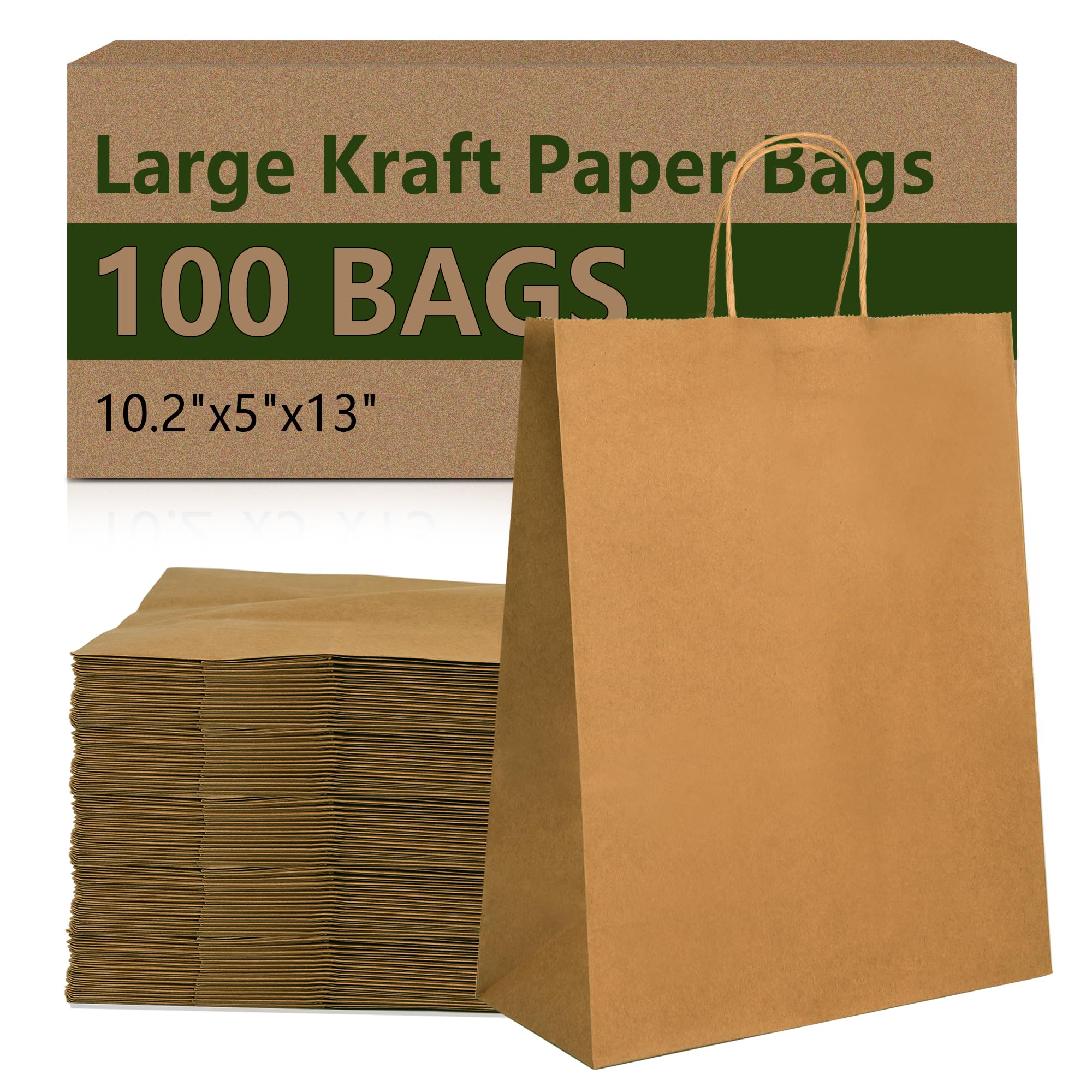 Bolthy Large 100pcs Brown Kraft Paper Bags 10x5x13 inches (25x12x33 cm) Gift Bags with Handles, Shopping Bags, Bulk Craft Tote Bags, Birthday Party, Recyclable Kraft Paper Bags