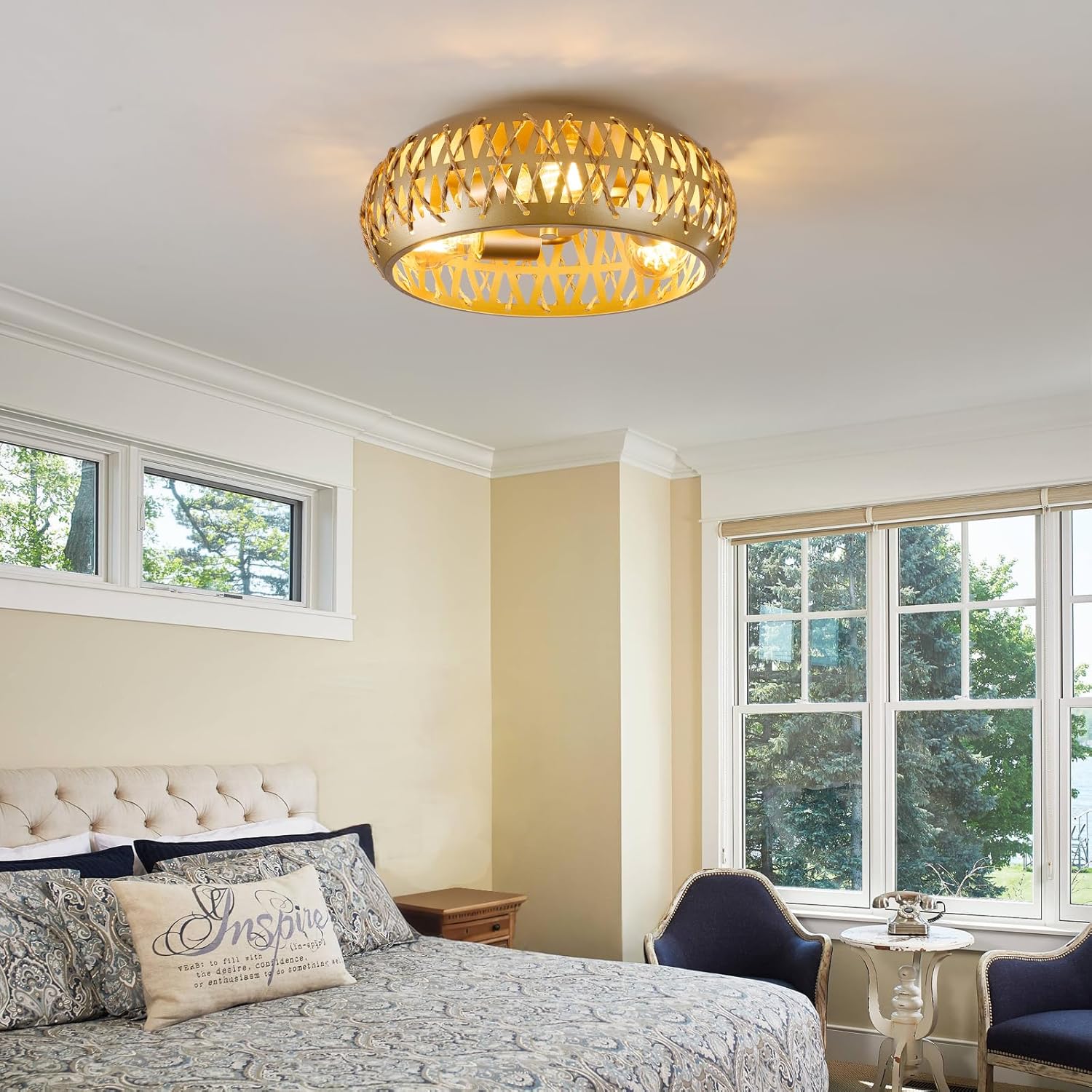 Semi Flush Mount Ceiling Light, Farmhouse Rattan 3 Light for Dining Room, Boho Rattan Ceiling Lights Fixture for Hallway Bedroom Kitchen Entryway Foyer, Gold Metal Ceiling Lights