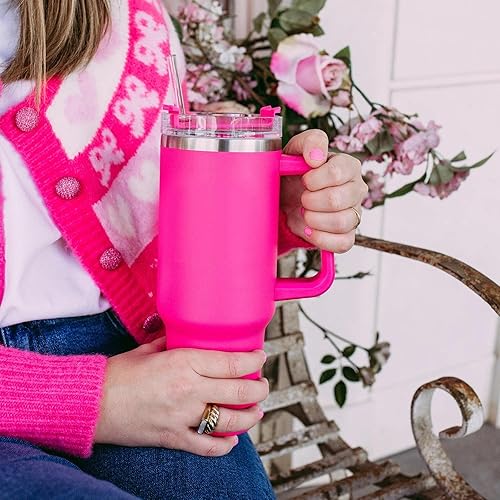 Miniatura 5 de ONEUSTAR Vaso aislado de 40 onzas con tapa y pajitas, taza de viaje reutilizable de acero inoxidable con asa, botella de agua para bebidas calientes