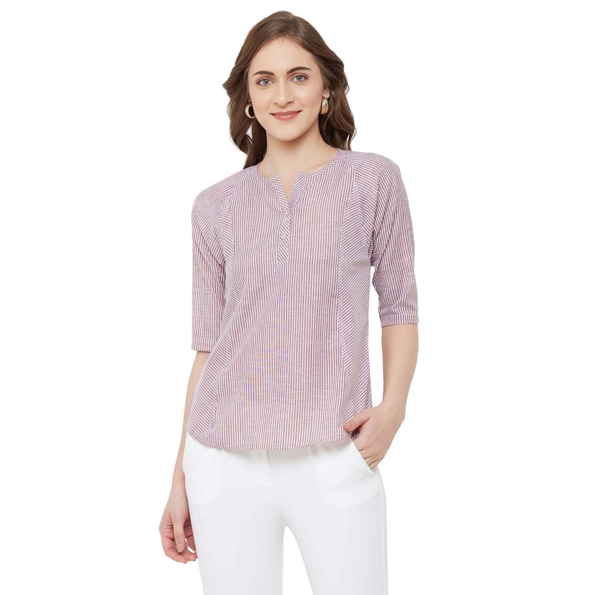 Go.4.it Premium Cotton Slub Thin Stripes Casual Top for Women