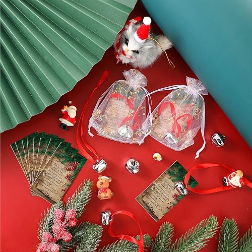 Miniatura 4 de Juego de regalo de campana de trineo de Navidad con cinta roja, tarjetas de Navidad, copos de nieve, bolsas de organza, adorno de campana para