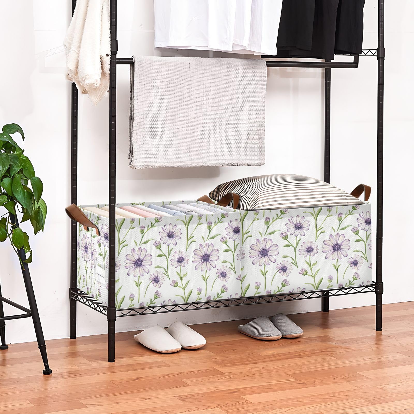 KLL Sweet Osteospermum fioletowe, neutralne, duże kosze do przechowywania z uchwytami, duży dekoracyjny organizer do szafy, półki, komody, 2 szt., cajas de almacenamiento para ropa