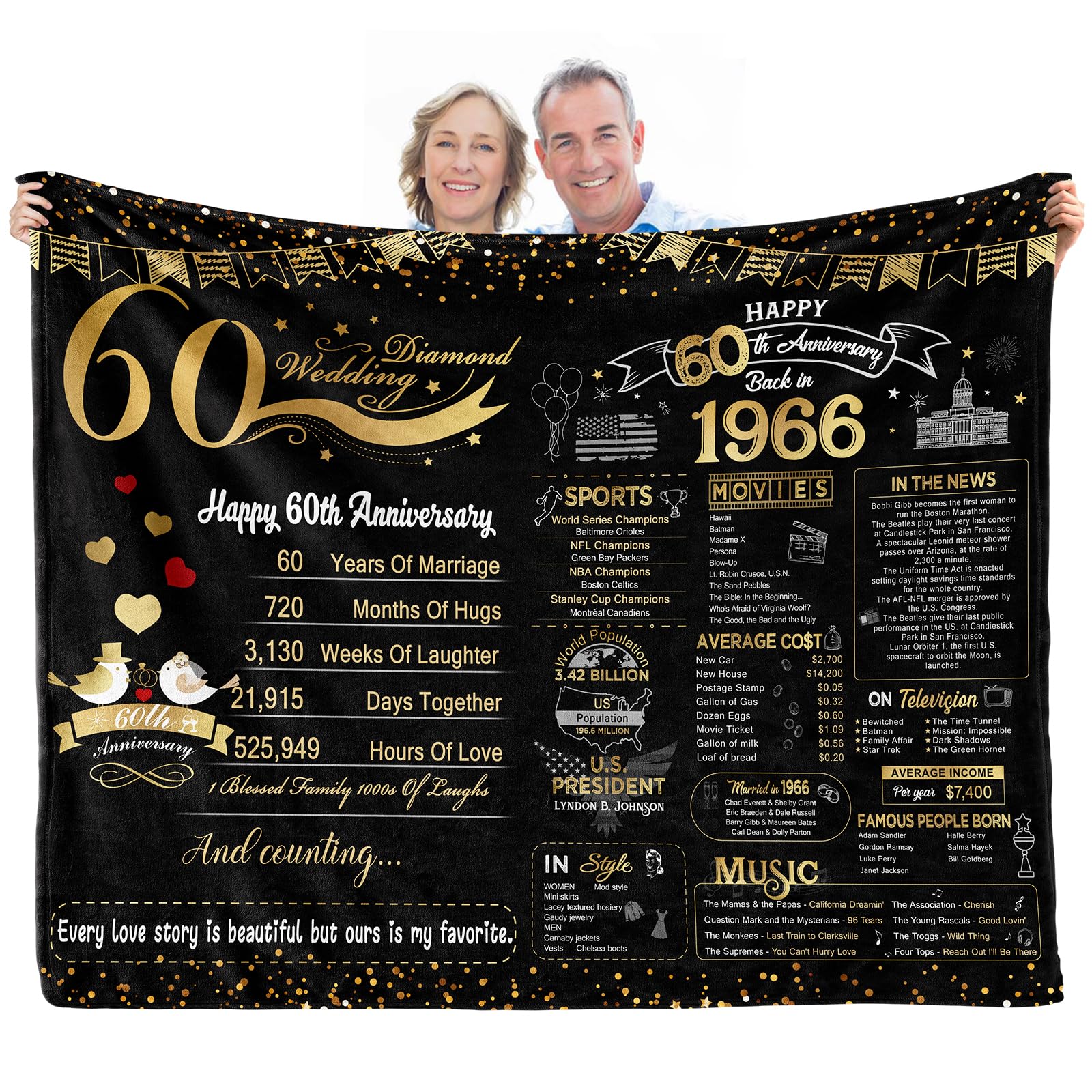 elseven 60th Anniversary Wedding Gift 60 Year Anniversary for Couples Wife Husband Best Anniversary Blanket Present Throw Blanket 50 x 60 Inch