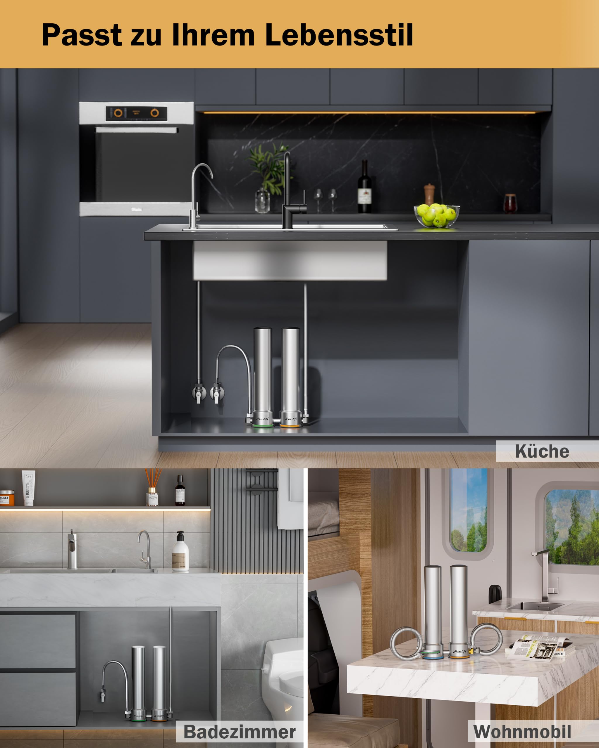 Frizzlife UDS99-S Untertisch-Wasserfiltersystem, 8-stufige Wasserfilterung mit Direktanschluss, 0,5 Mikron, reduziert 99,99% Blei, Chlor, Schwermetalle, Kalk und Kalkstein, Edelstahl，Blaue Ausgabe