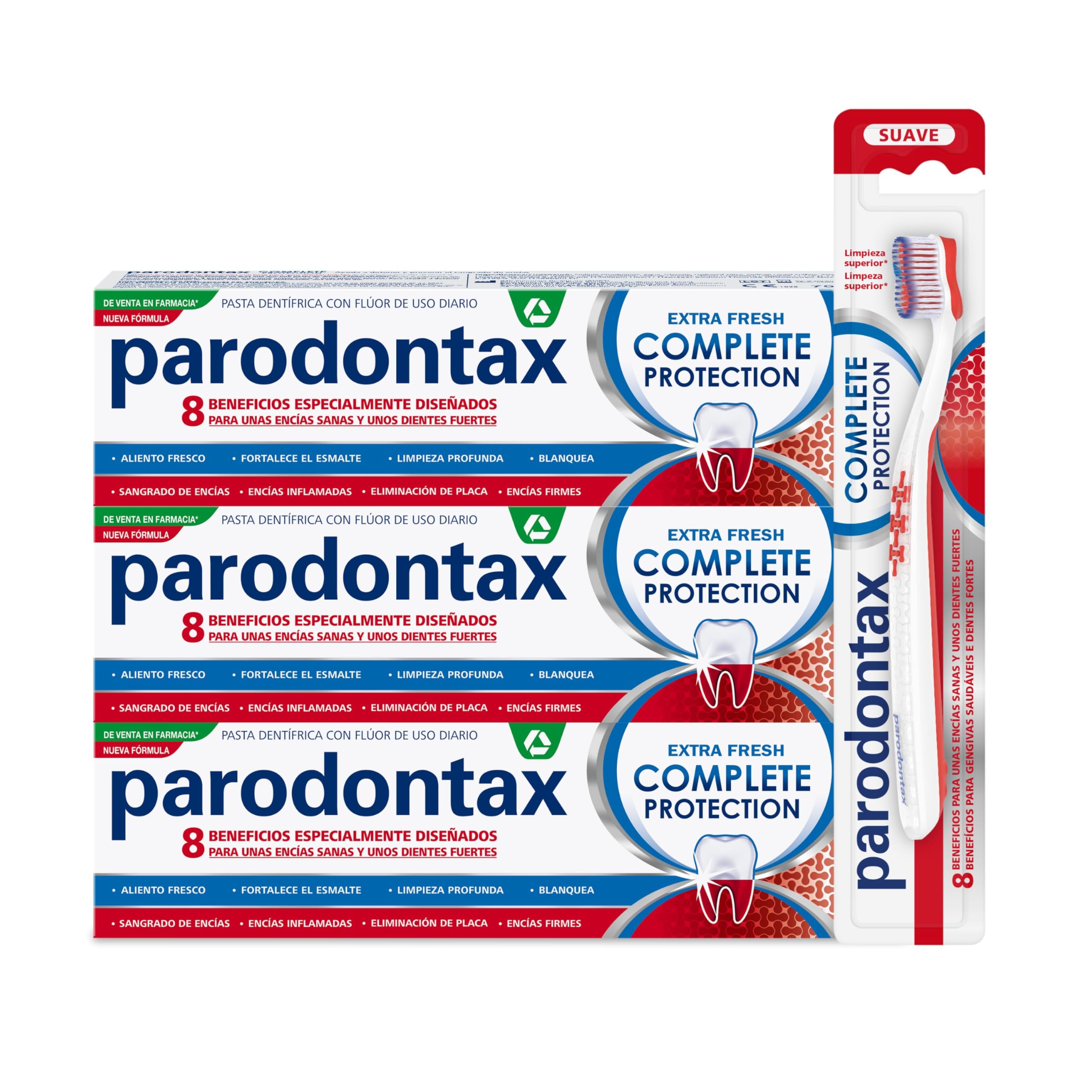 Parodontax Complete Protection Extra Fresh, Para el Sangrado de Encías, Pack de 3 Pastas de Dientes con 1 Cepillo de Dientes Suave