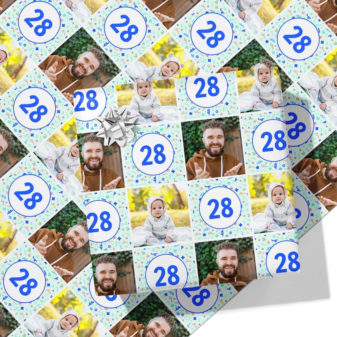 Birthday Photo Personalised Wrapping Paper- Add Your Own Photos & Any Age - Blue - 5M Roll