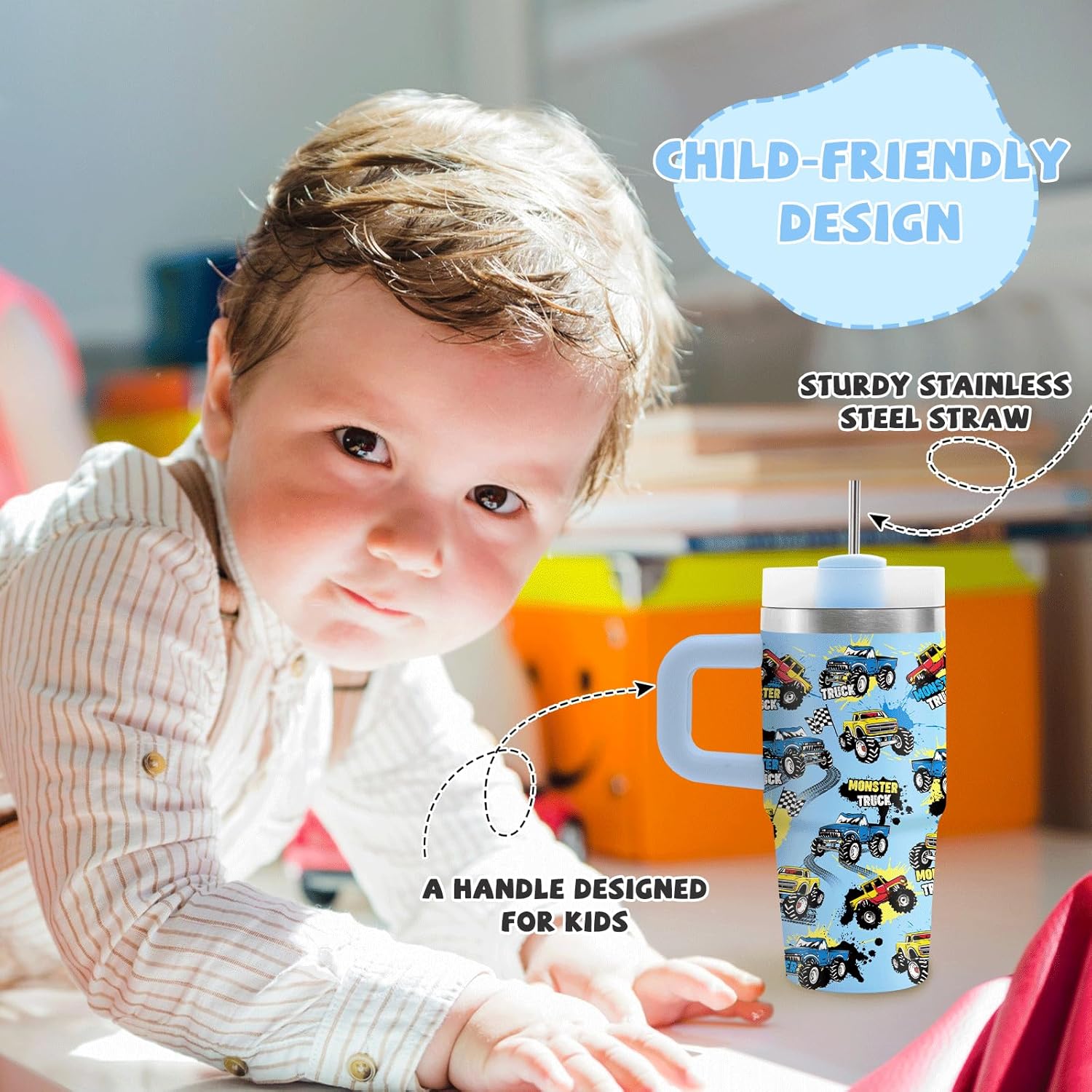 14 oz Monster Truck Tumbler with Handle and Straw for Kids, Insulated Stainless Steel Travel Mug for Boys, Double Wall Vacuum Reusable Cup, Birthday Gifts for Boys - Image 6