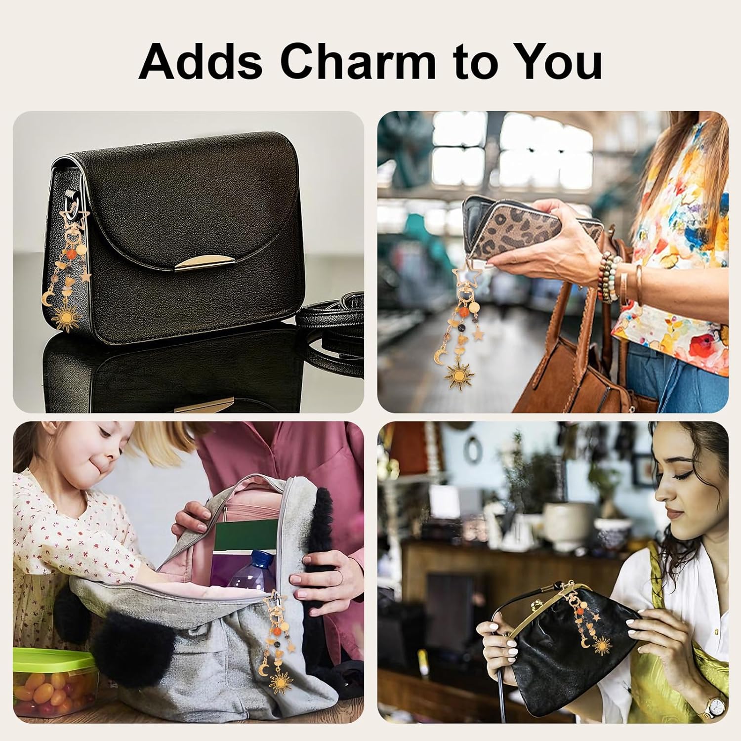 Y2K Boho Sun Moon Star Keychain - Gold Star Clasp Stone Beaded Bag Charm for Backpack Purse - Image 6