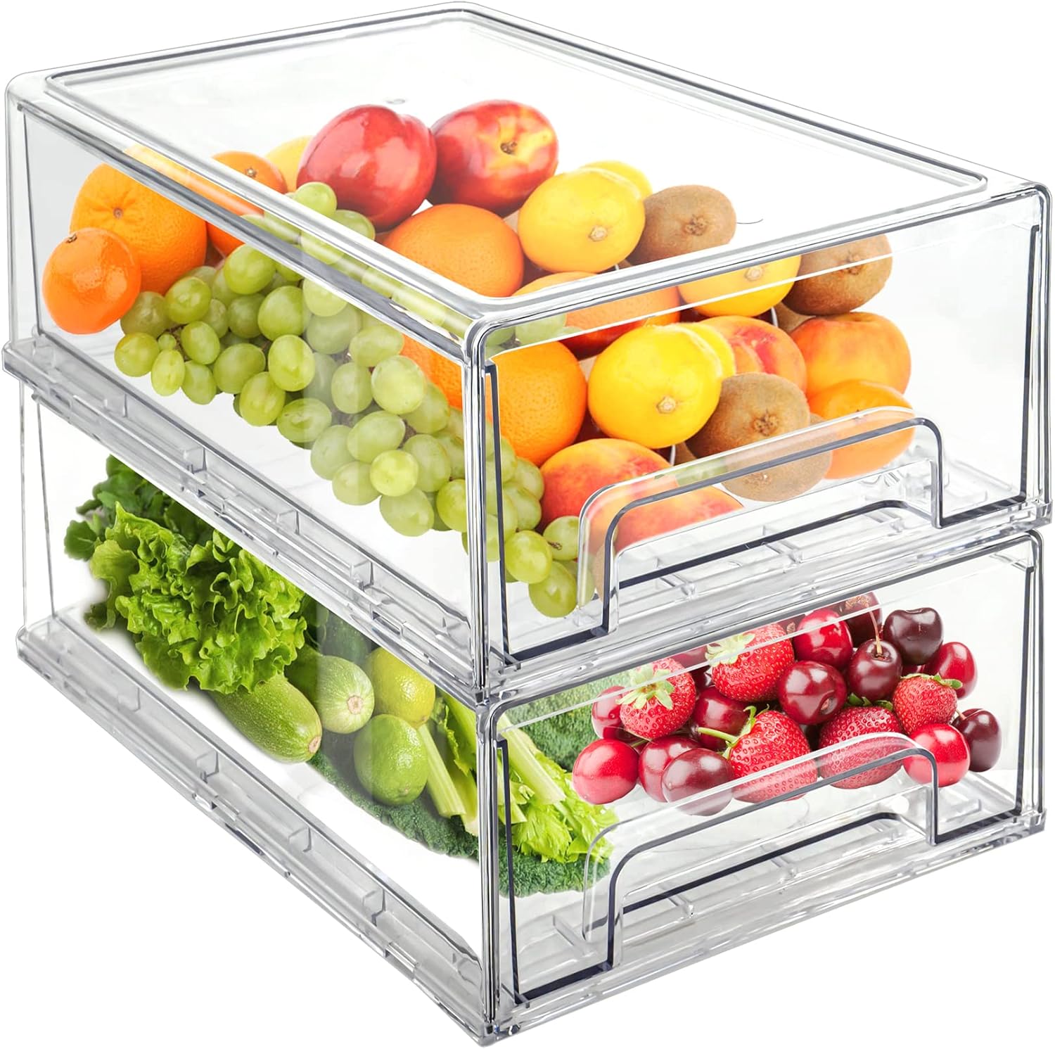 2-Pack Stackable Clear Fridge Drawer Organizers for Kitchen & Pantry 2-Pack Stackable Clear Fridge Drawer Organizers for Kitchen & Pantry