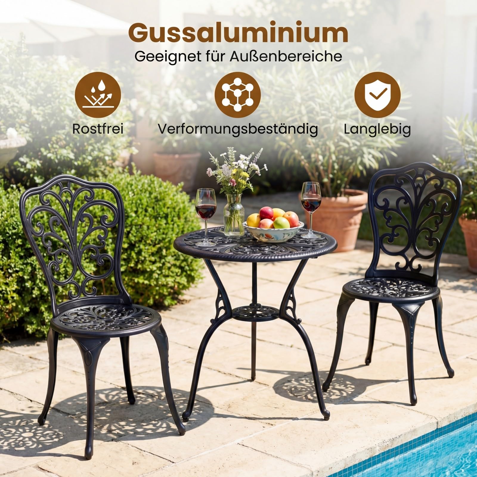 COSTWAY Bistroset 3-teilig, Bistrotisch mit 2 Stühle & Schirmloch, Gartenmöbel Set, Balkonmöbel aus Aluminiumguss, Balkonset, Gartengarnitur, Sitzgruppe für Garten, Terrasse, Balkon, Schwarz