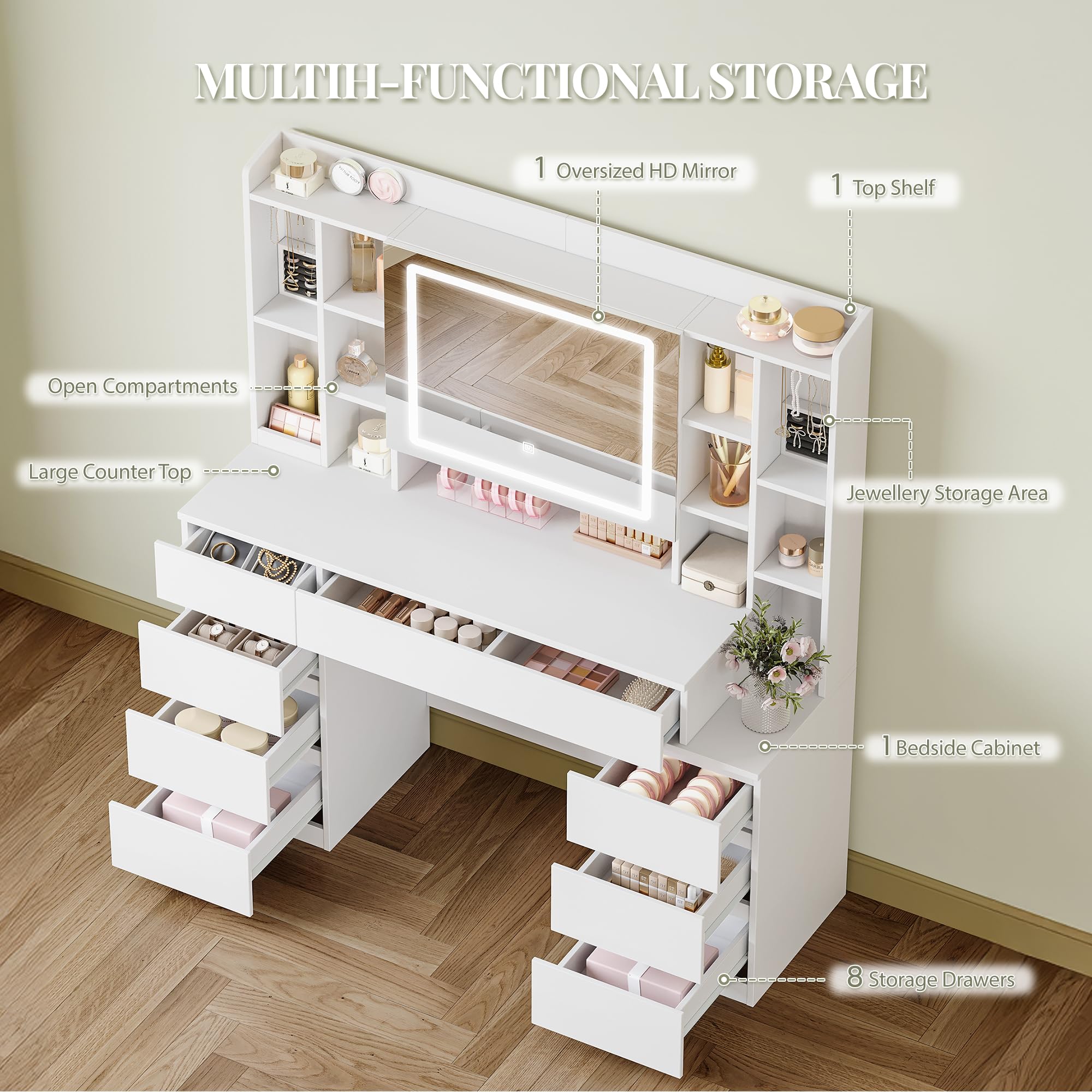 HEXCELEN 120 cm Tocador con Espejo y Luces LED, Mesa de Maquillaje con 8 Cajones y 11 Compartimentos, Brillo Ajustable, Tocador de Maquillaje con Joyero Integrado, 40 × 120 × 141 cm, Blanco