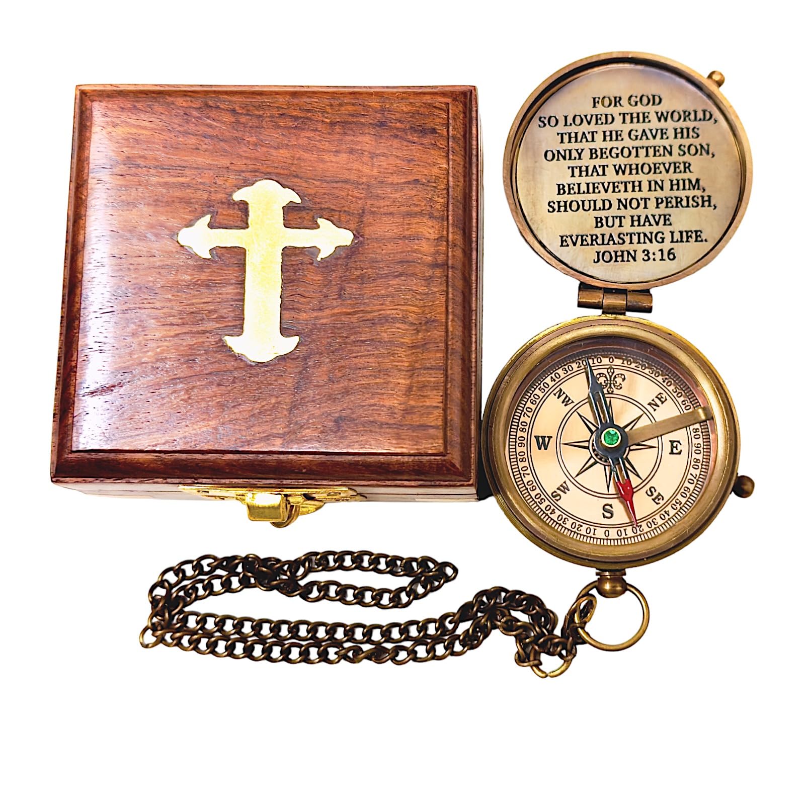 Engraved Brass Compass with Wooden Box Bible Verse Cross with John 3:16 Bible Verses Prayer Charm Faith Religious Birthday Inspirational