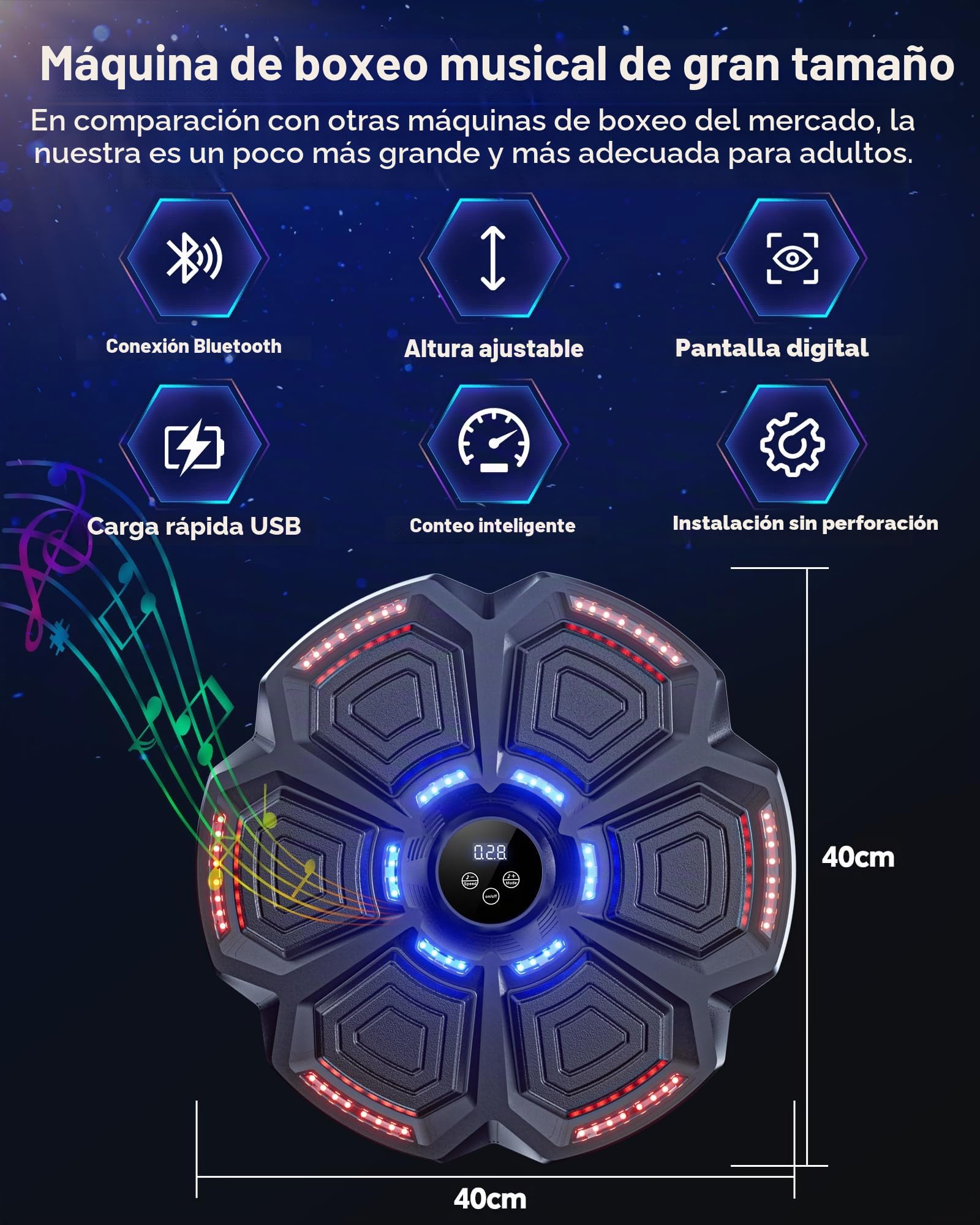 snawowo Maquina Boxeo Musical Pared - 9 Modos de Velocidad Music Boxing Machine Adulto con Guantes - Boxeador de Pared Musical con Bluetooth y Recuento Inteligente y Luces al Ritmo