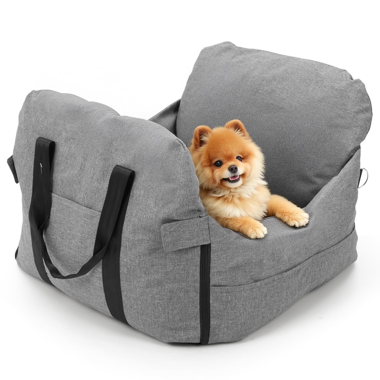 The Fellie Dog Car Seat for Medium Dog, Washable Puppy Booster Car Carrier Seat with Storage Pockets, Portable Travel Pet Bed With Safety Leash, Removable Cushion Booster Carrier, Grey