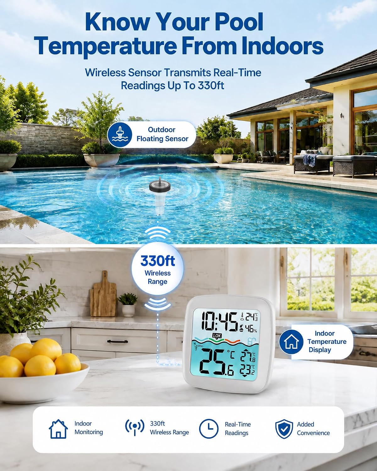 Pool Thermometer Floating Easy Read - IPX8 Swimming Pool Temperature Thermometer with Wireless Indoor Temperature, Large Display, Waterproof Rating, Pond/Hot Tub/Spa, English