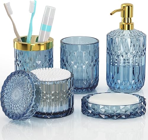 Juego de 5 accesorios de baño azul de alta calidad, moderno organizador de tocador de cristal para decoración de baño, dispensador de jabón de