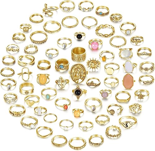 Subiceto Juego de 70 anillos de cristal vintage, anillos plateados para nudillos para mujer, anillos apilables bohemios, retro, bohemio, apilables,