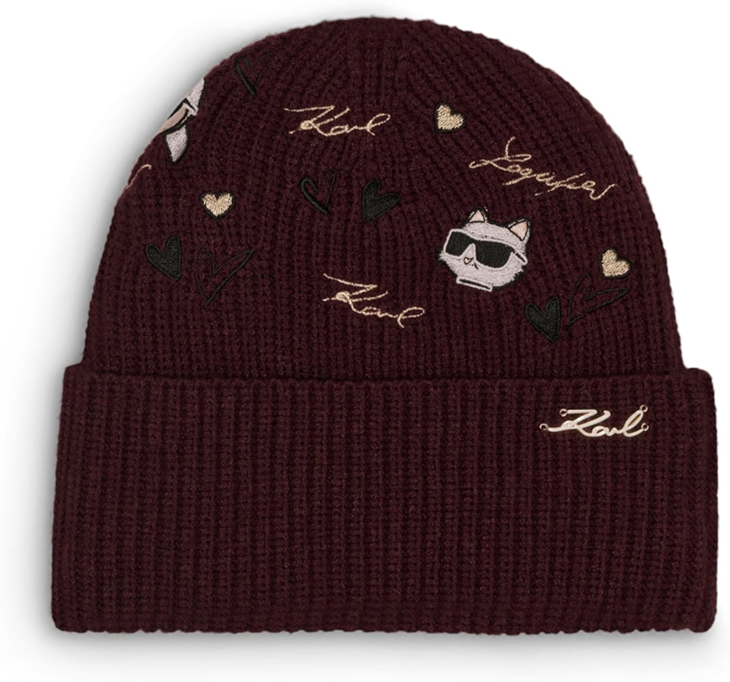 Karl Lagerfeld Womens Embroidered Karl Hearts Velboa Fleece Lined Beanie