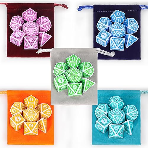 Miniatura 3 de CiaraQ Dados DND con 5 bolsas, 5 juegos de dados poliédricos retro para juegos de mesa MTG D&D, 35 piezas de dados para juegos de rol