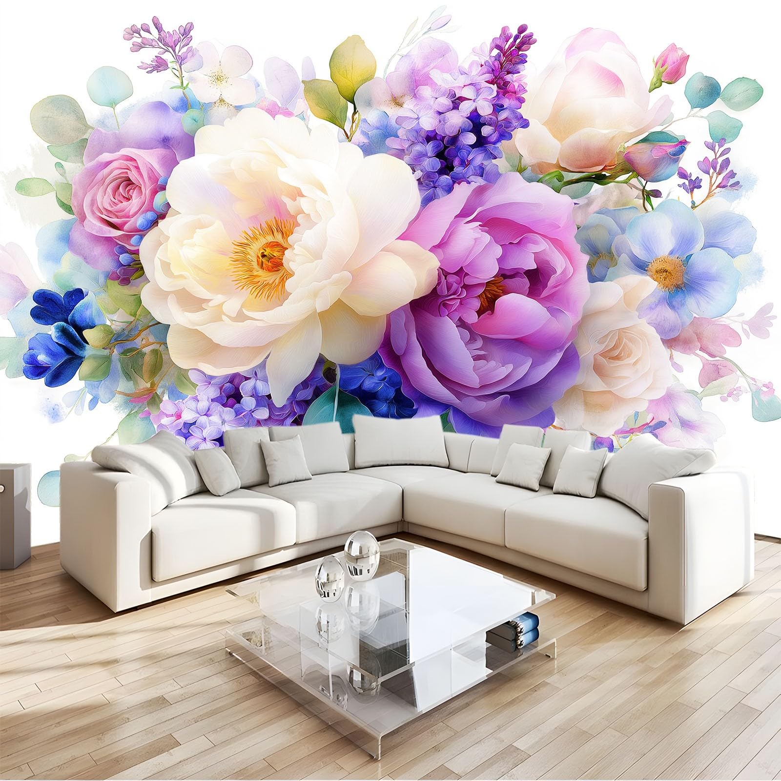 Générique Panoramiczna tapeta 3D akwarela roślina kwiat piwonia róża jasnoszary 350 x 256 cm, tapeta z włókniny - fresk ścienny do salonu, sypialni i biura, dekoracja ścienna druk HD