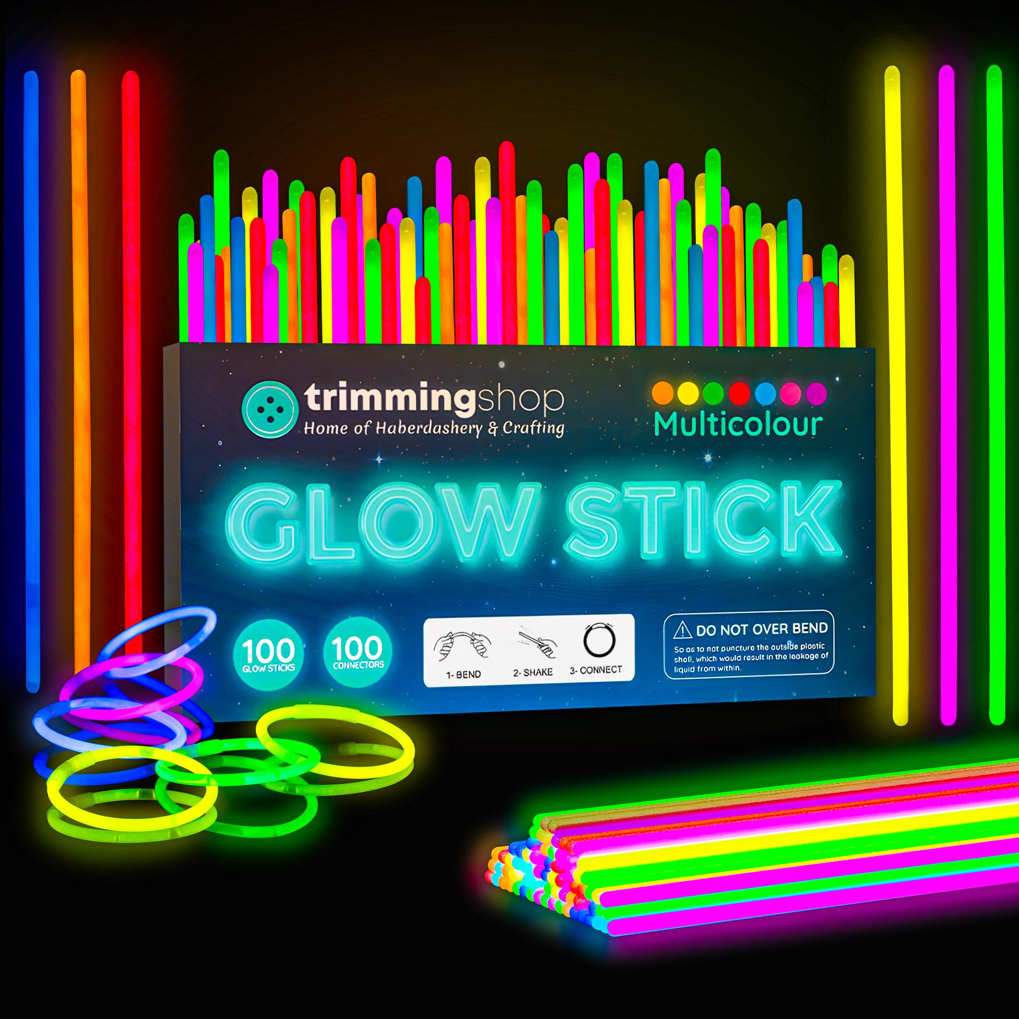 Trimming Shop Premium Glow Sticks for Children 300 Pcs Party Pack with Connectors to Make Glow Bands Necklace Bracelets, Multicolour Light Up Glow Sticks Kids Party Supplies Christmas Decoration โ image 1