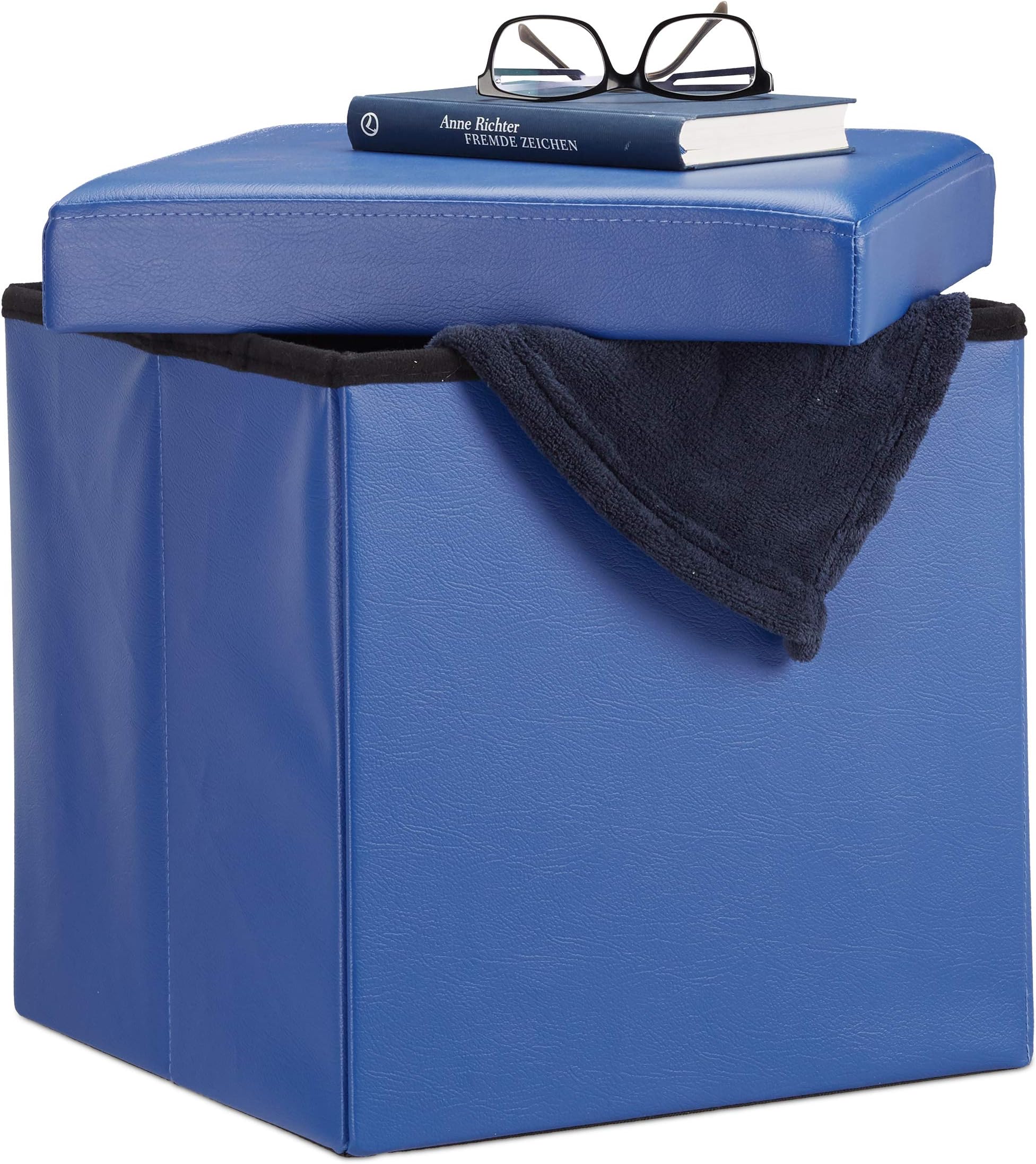 Relaxdays Folding Ottoman 38 x 38 x 38 cm Sturdy Storage Chair Pouf and Footstool, Faux Leather Box, Removable Lid, Blue
