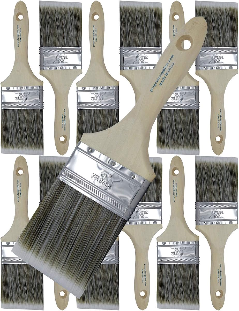 Pro Grade Paint Brushes, 3 Inch Flat Paint Brush, Walls & Trim, 12 Pack | Interior & exterior | Cabinets, doors, fences & decks | Latex, oil & stain | Medium stiff bristles, softwood handles