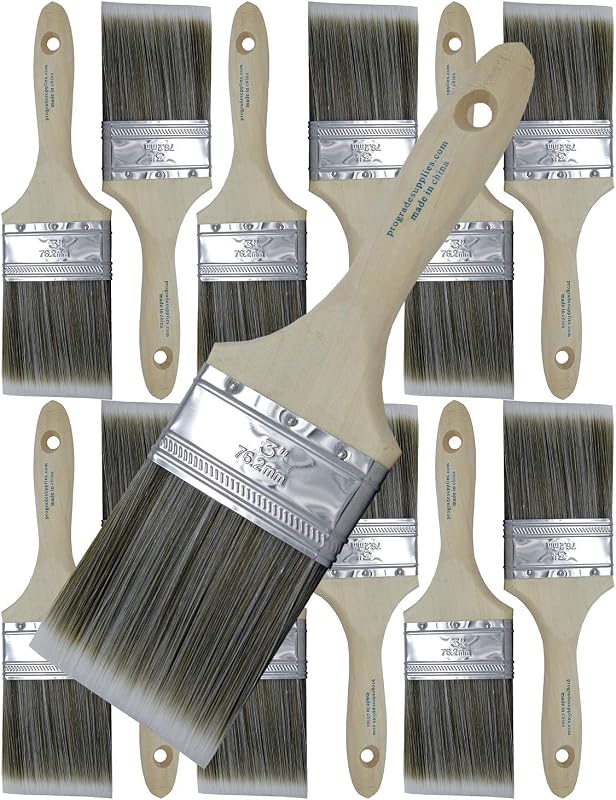 Pro Grade Paint Brushes, 3 Inch Flat Paint Brush, Walls & Trim, 12 Pack | Interior & exterior | Cabinets, doors, fences & decks | Latex, oil & stain | Medium stiff bristles, softwood handles