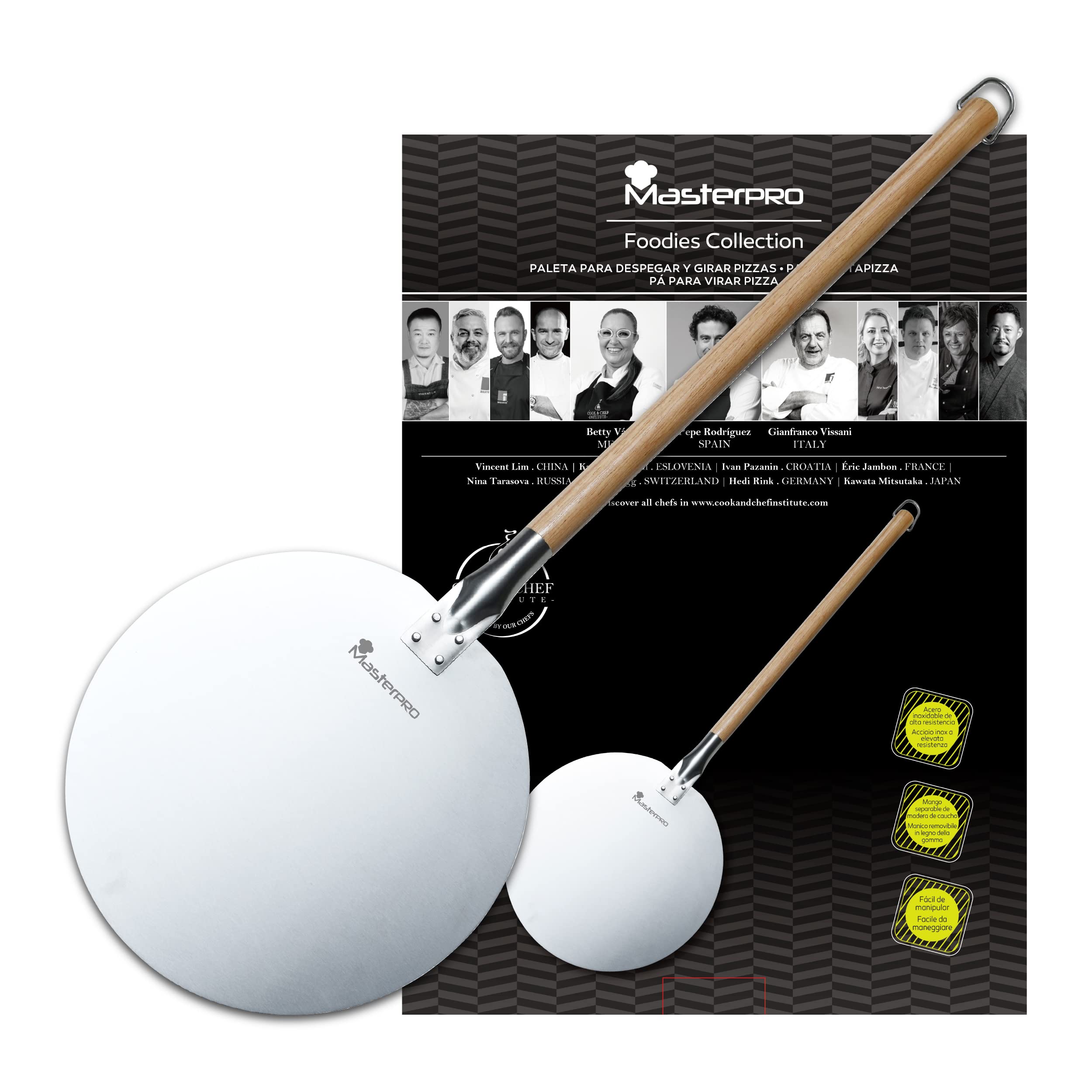 MasterPRO Foodies - Pizza Four - Fabriqué avec en acier inoxydable - 30,5 cm de diamètre de diamètre et 87 cm de long - Effet en bois long - tête ronde
