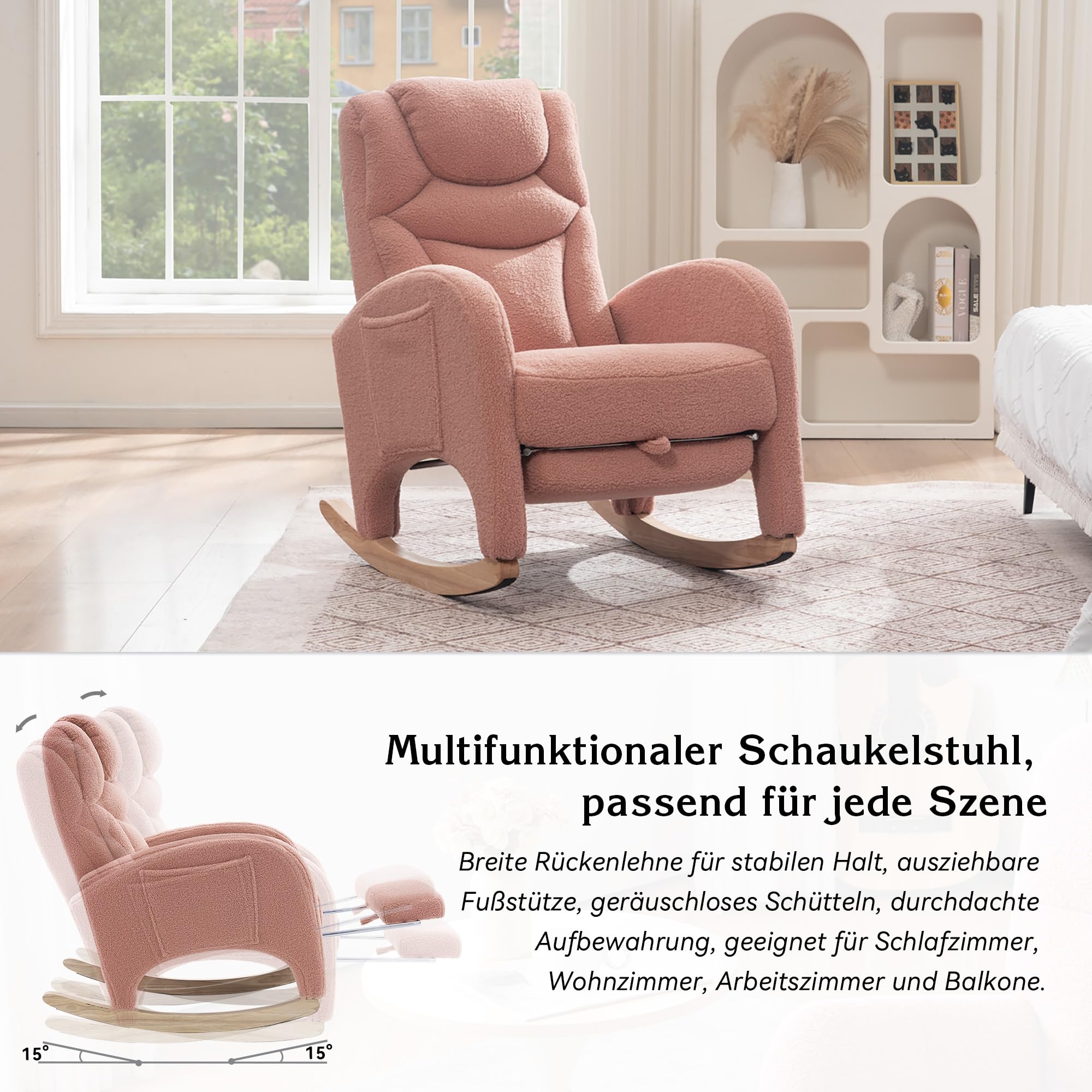 052 Mecedora, sillón relax, silla de salón con reposabrazos, mecedora acolchada, silla acento para dormitorio, tela de peluche rosa, capacidad de carga de 110 kg