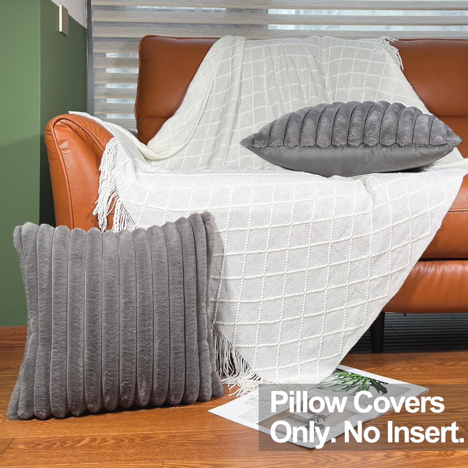 24x24 Pillow Covers, Decorative Faux Fur Throw Pillow Covers for Couch, Sofa Soft Fluffy Pillow Cover with Velvet Back for Living Room, Neutral Home Décor Accent for Bed - Dark Gray