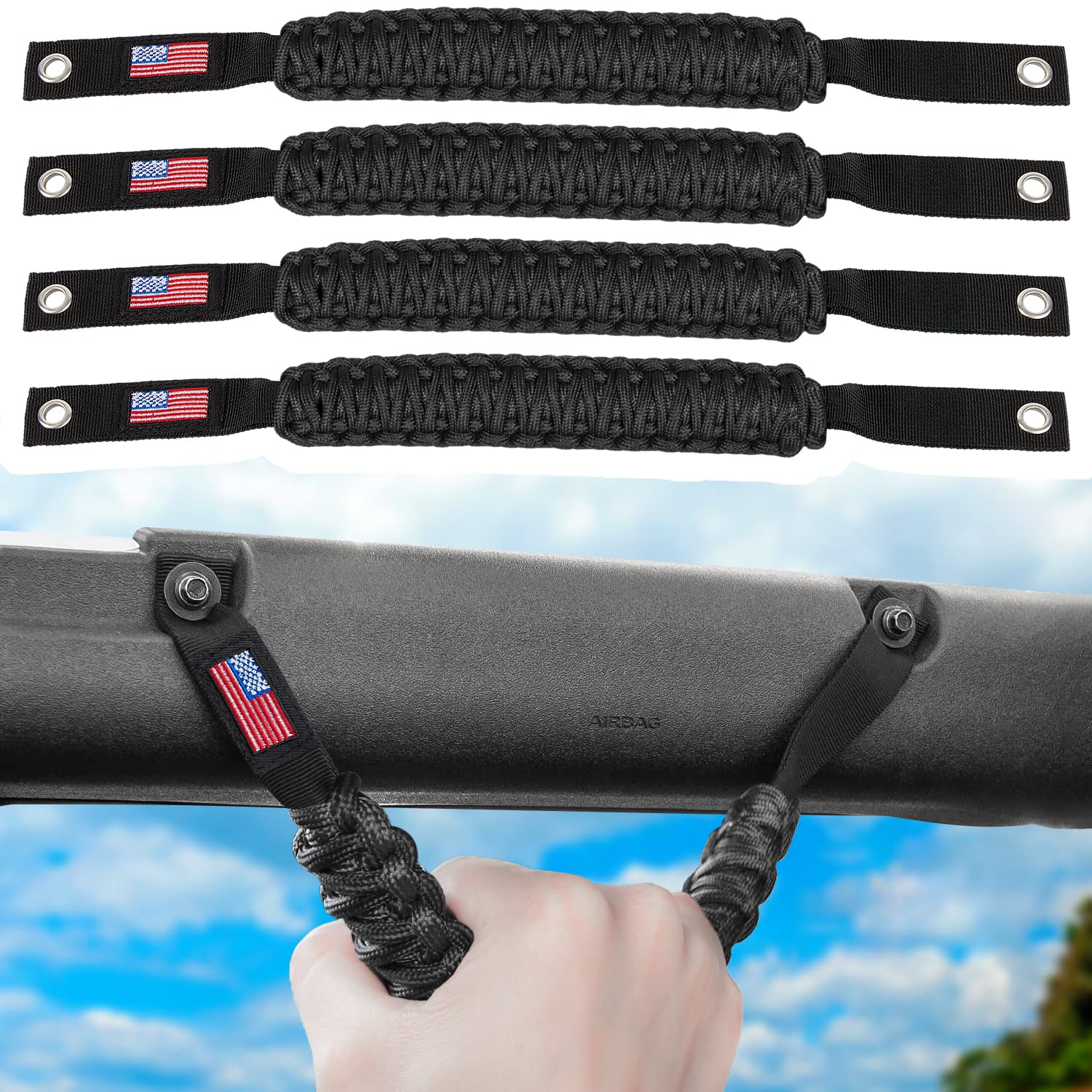 E-cowlboy Roll Bar Grab Handles Paracord Grip Handle for Ford Bronco 2021 2022 2023 2024 2-Door 4-Door Interior Accessories Premium Paracord US Flag (