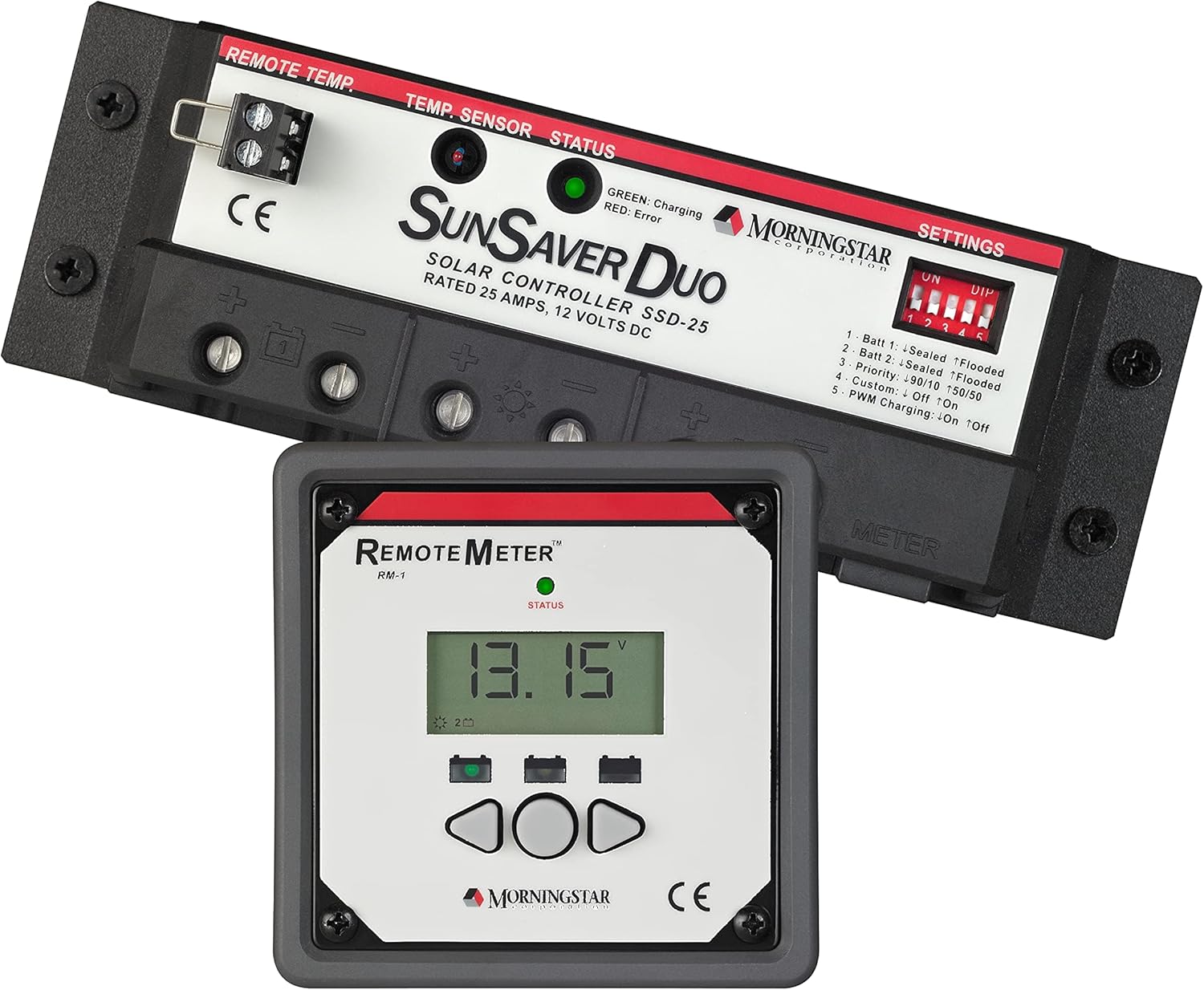 Morningstar SunSaver Duo 25A PWM Solar Charge Controller (SSD-25RM) - Solar Panel Regulator for Two 12V Batteries, Adjustable Charge Settings, Includes Remote Meter, 5 Year WTY - Designed in The USA
