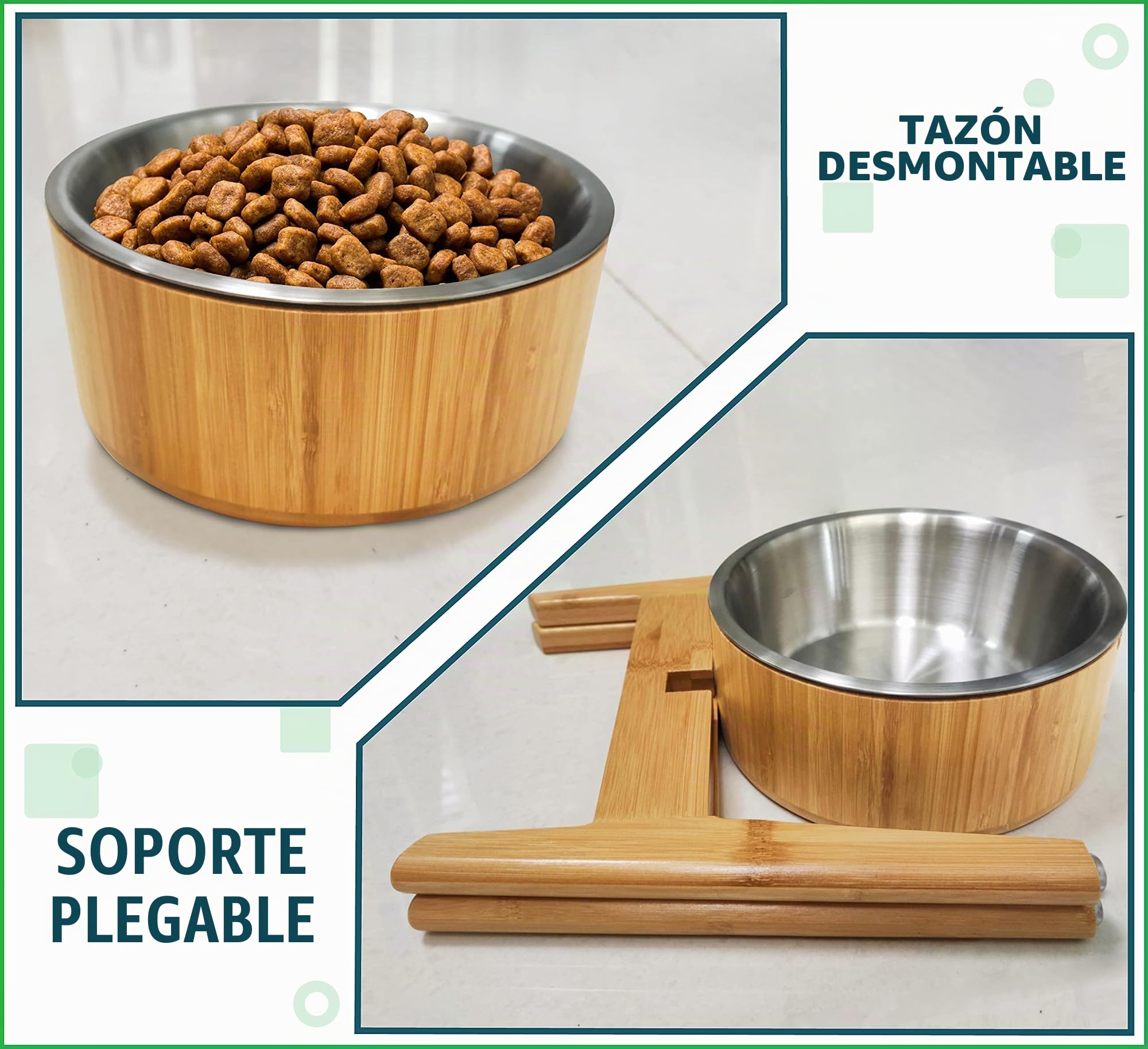Cuenco Elevado de bambú para Perros Grandes, Juego de Plato, Forro y Soporte de Acero Inoxidable, estación de alimentación Individual elevada para Mascotas, sin vuelcos