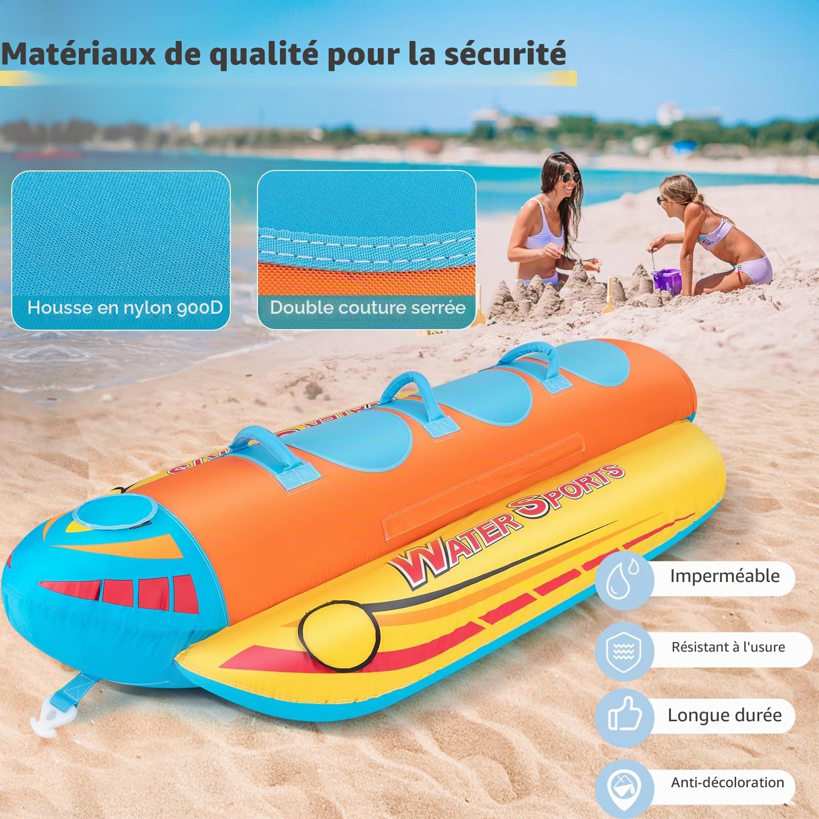 HOMASIS Bateau banane gonflable pour 3 personnes, avec 3 poignées et système de remorquage, sports nautiques Funtube jusqu'à 231 kg, 252 x 108 x 51 cm
