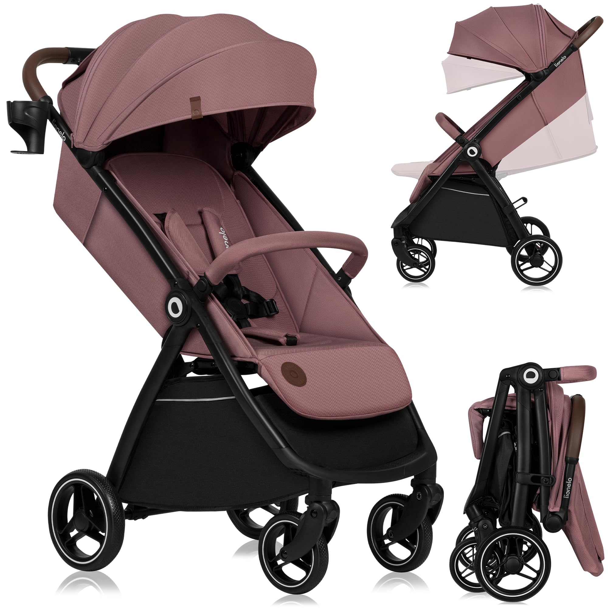LIONELO INGRID Poussette 22 kg 6 mois-4 ans Grandes roues pivotantes 360° Suspension totale Pliable d'une seule main Dossier et repose-pieds réglables Auvent XXL Pink