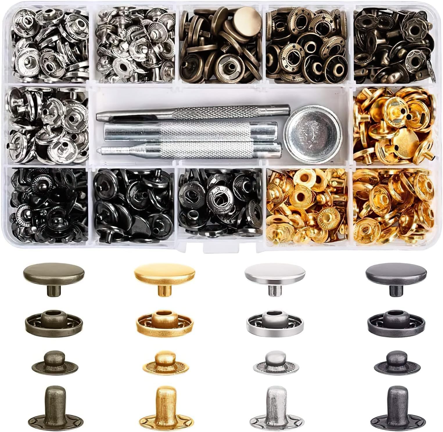 Leather Snap Fasteners, 100 Sets Metal Press Studs Snap Fasteners Clothing Snaps Buttons 12.5mm with Installation Tools for Coats, Jacket, Jeans, Bags, Wallet, Bracelets, 4 Colors