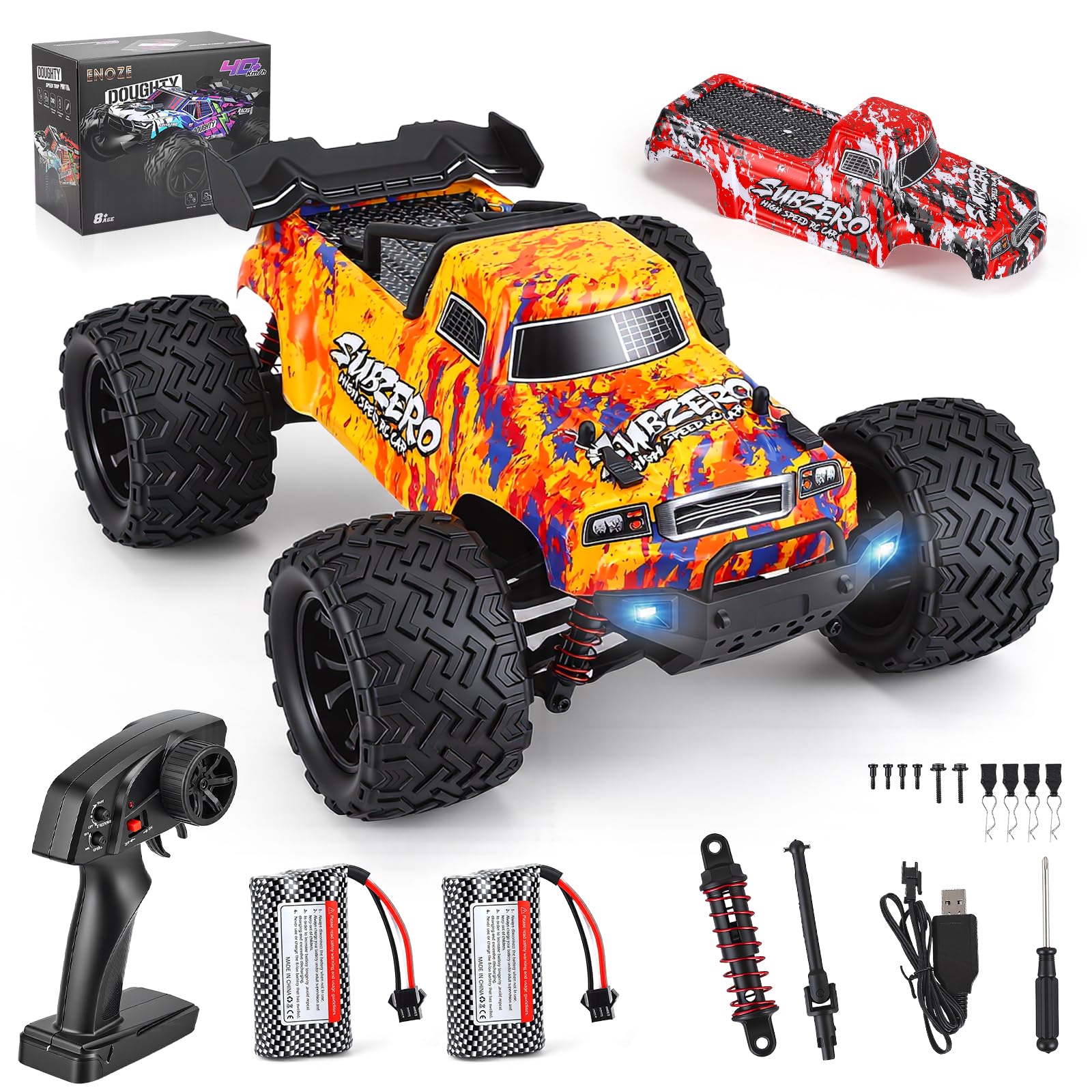 Ferngesteuertes Auto,RC-Auto im Maßstab 1:16, Allrad-Offroad-RC-Truck mit hoher Geschwindigkeit (über 60 km/h), RC-Truck mit zwei wiederaufladbaren 1500-mAh-Akkus und zwei Karosserien (Modell 9500E)