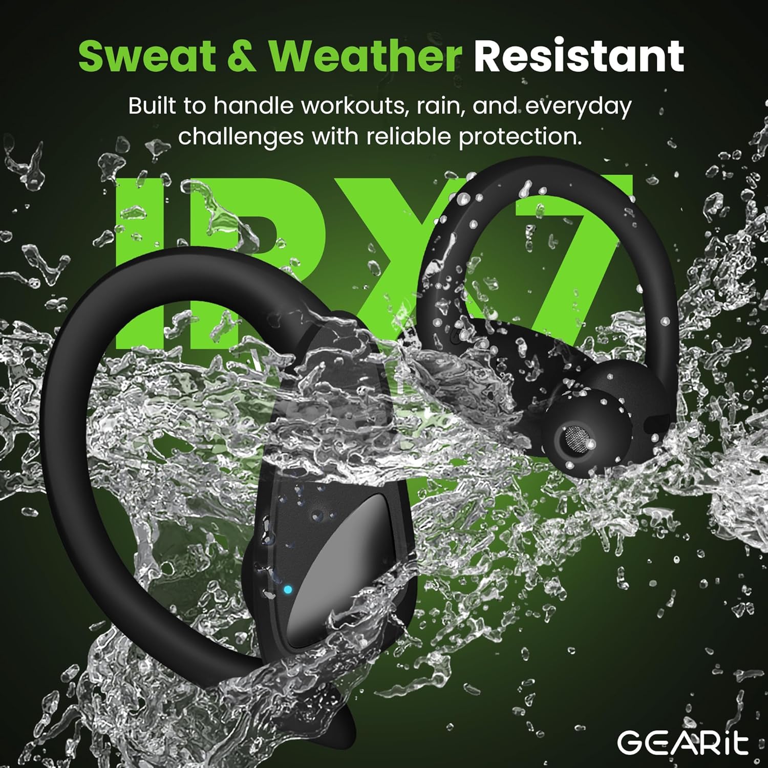 GEARit Sport Hook True Wireless Earbuds Compatible with iPhone & Android - 23H Playtime - IPX7 Water Resistant & Sweatproof - Secure Fit 5.4 Bluetooth Ear Buds - Wireless Bluetooth Earbuds for Workout