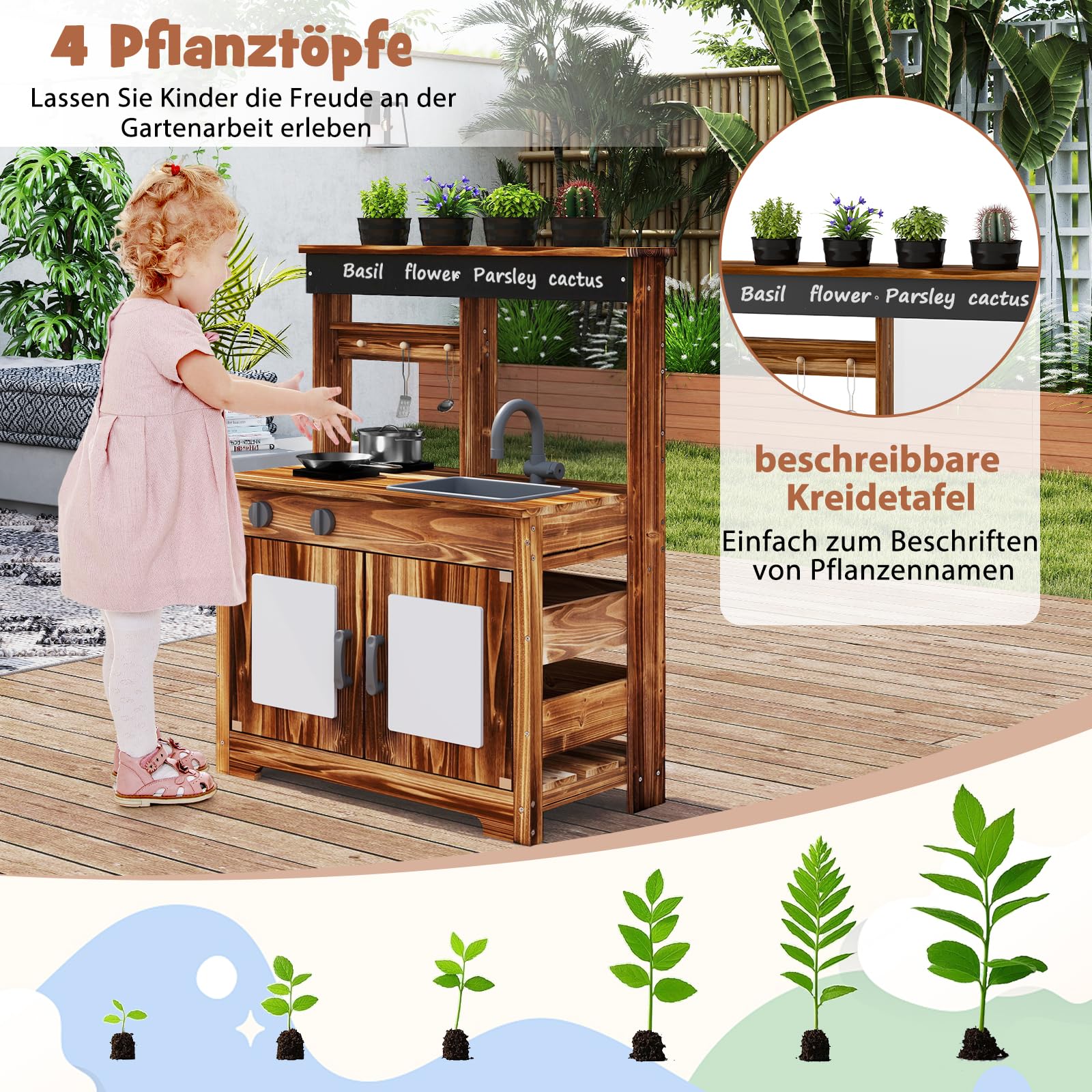 DREAMADE Matschküche Kinder Outdoor, Spielküche aus Tannenholz mit Waschbecken, Wasserhahn, 2 Herden, 2 Kochtöpfen, 4 Pflanztöpfen & Acryltafel, Outdoor-Holzküche für Kinder ab 3 Jahren