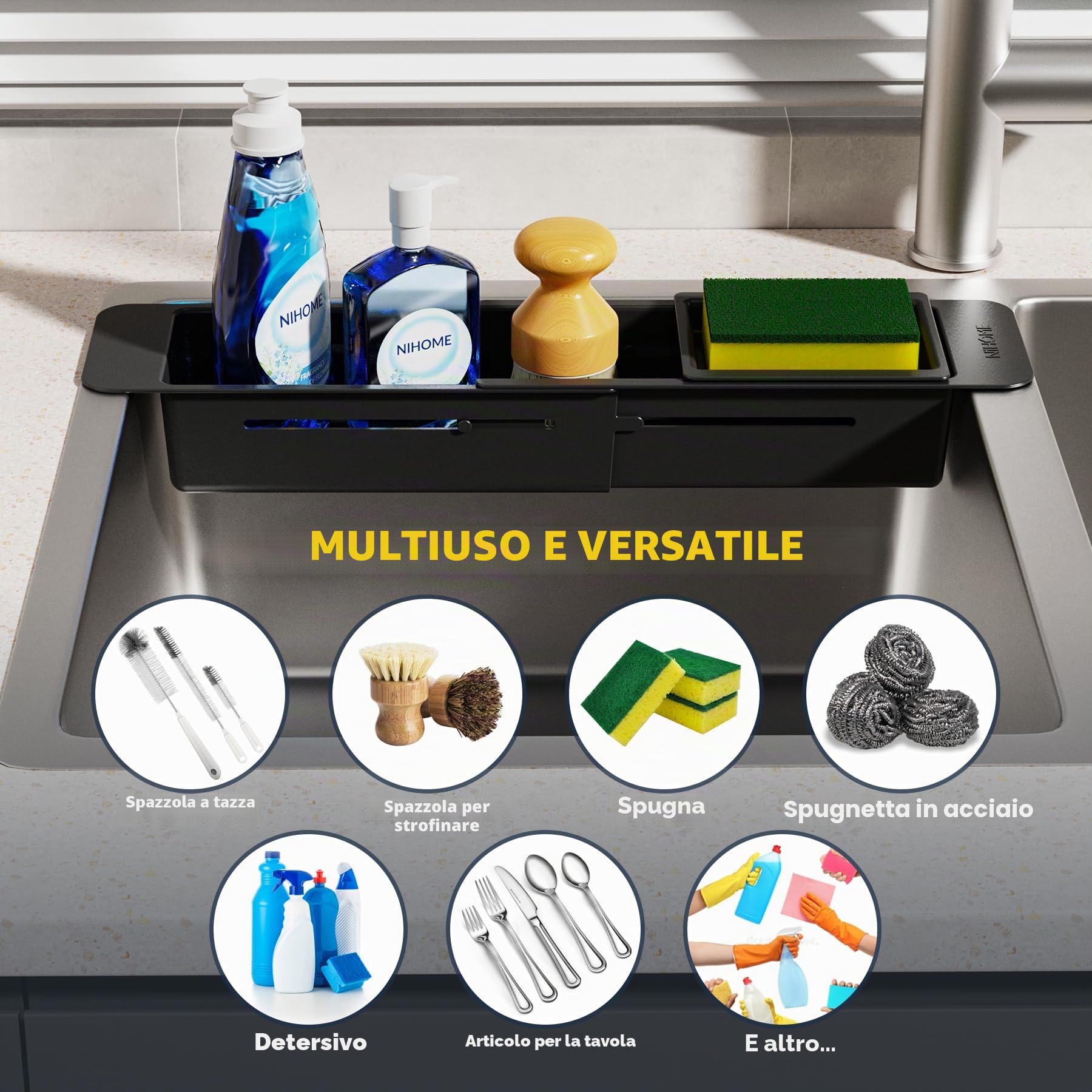 NiHome Organizer estensibile da cucina per lavello (nero)