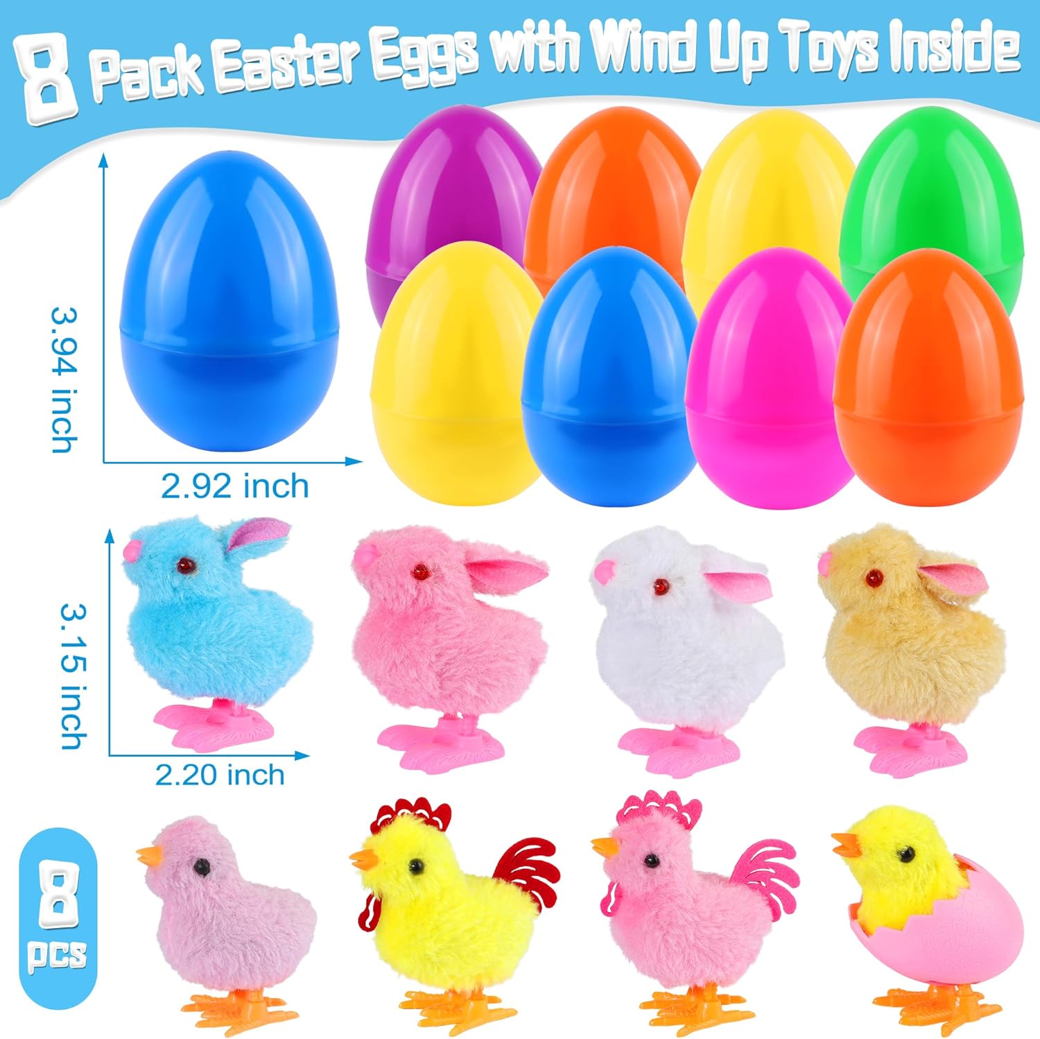 8 Pack Jumbo Easter Eggs Filled with Wind Up Toys Chicks Bunny Plush, Filled Easter Eggs with Toys Inside Easter Basket Stuffers Fillers Easter Egg Hunts Party Favor for Kids Boys Girls Toddler Teens
