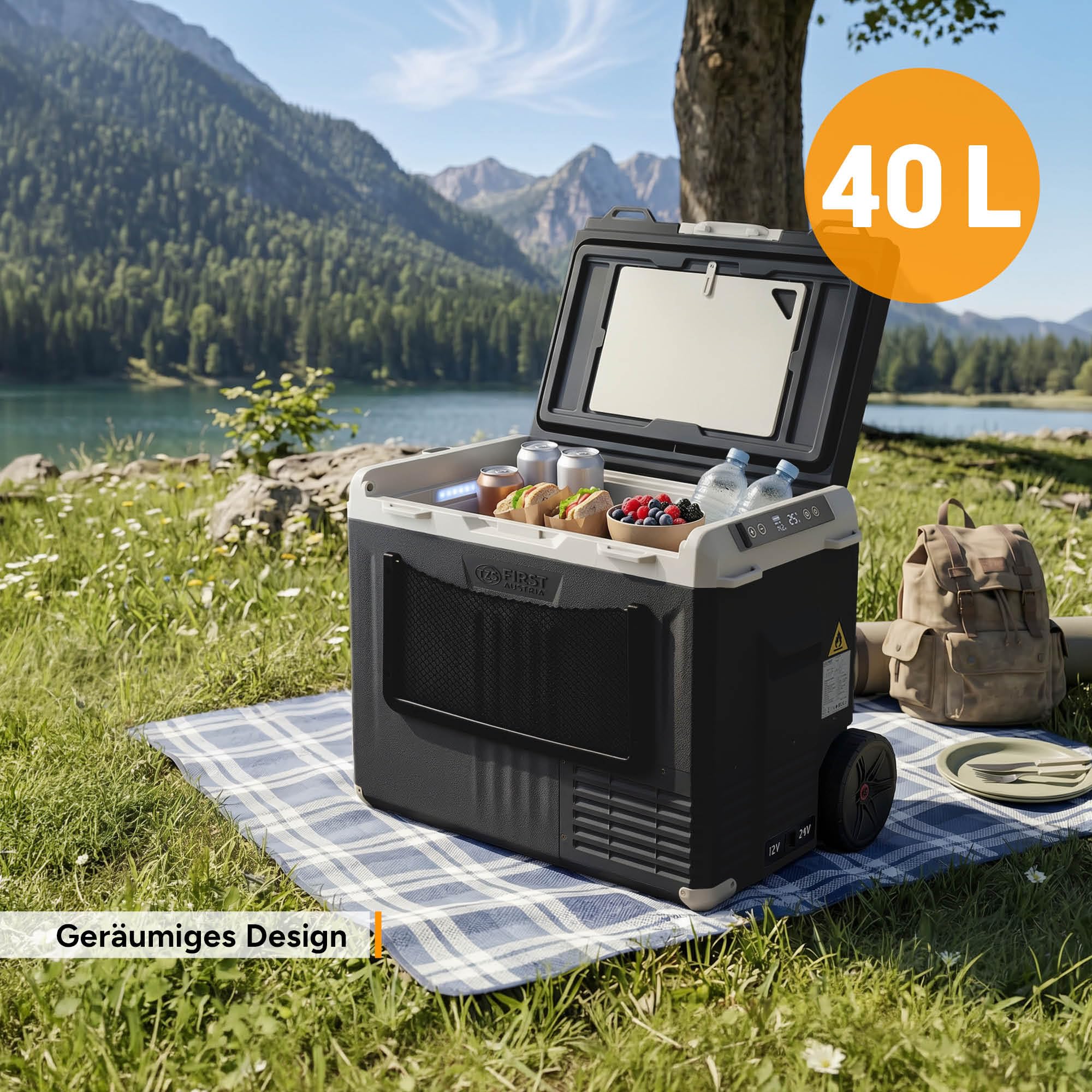 TZS First Austria - Kompressor-Kühlbox 40L - Energieklasse B - Kühlung bis -20°C - App per Bluetooth - 12/24V & 230V - USB-Ausgang - Trolley & Vollzubehör – Schwarz