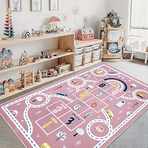 Hopscotch - Alfombra de coche de 4 x 6 pies, alfombra de juegos para niños, alfombra rosa para dormitorio, sala de juegos, alfombra antideslizante