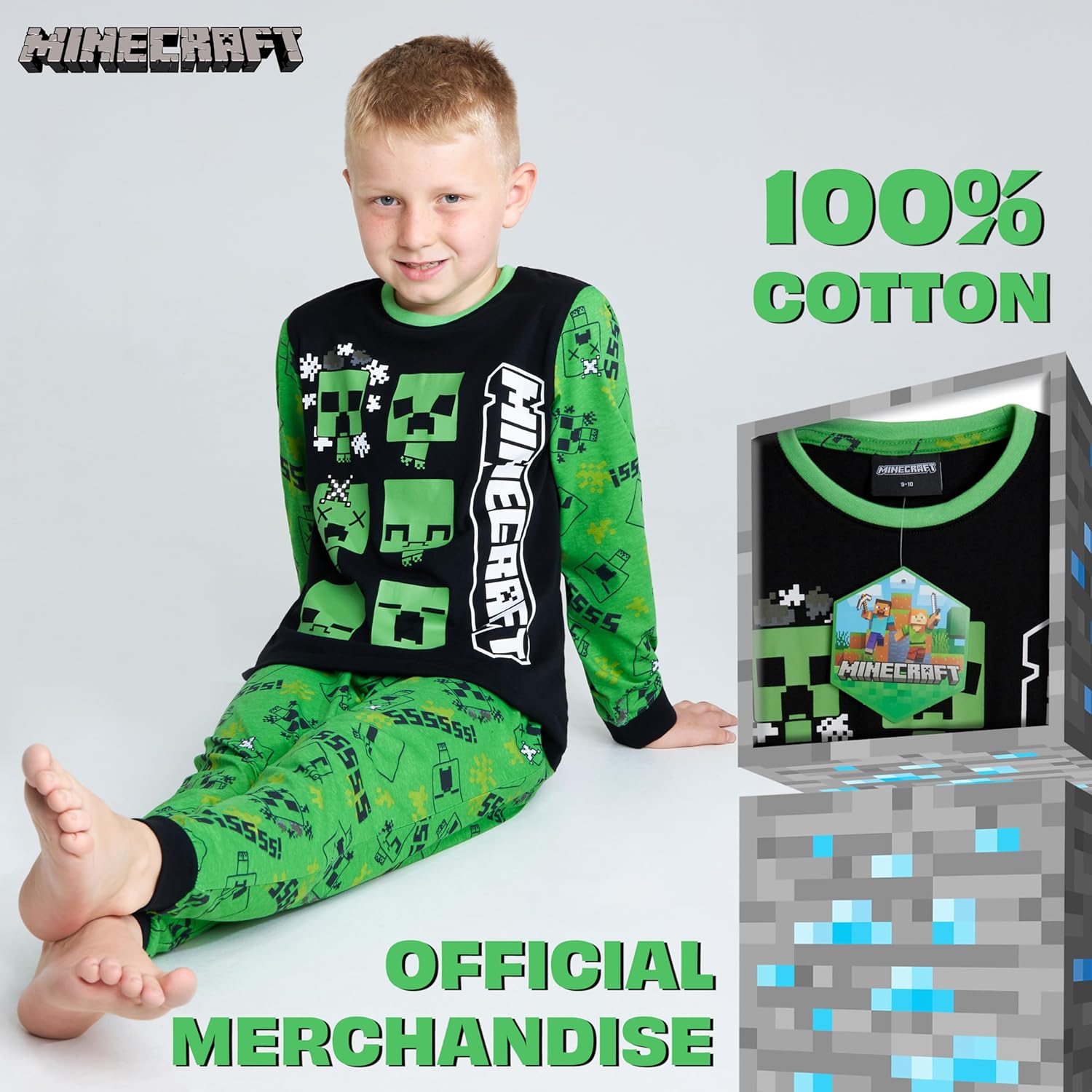 Minecraft 2-Pc Boys Pajama Set with Long Sleeve Cotton T Shirt & PJ Pants, Sleepwear Size 7-14, Creeper Gamer Gifts for Boys - Image 4